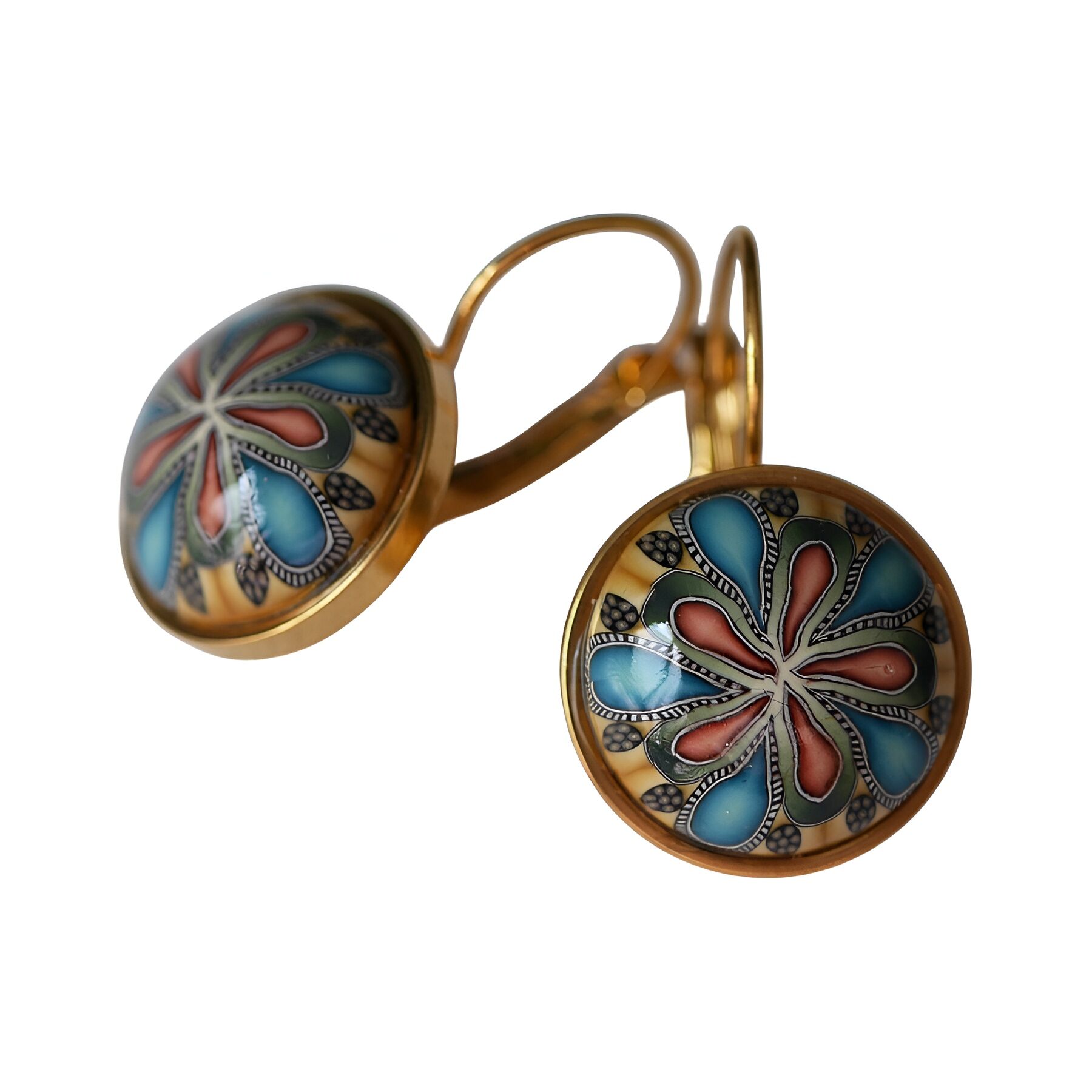 Astrée gold sleeper earrings with blue and pink mandala