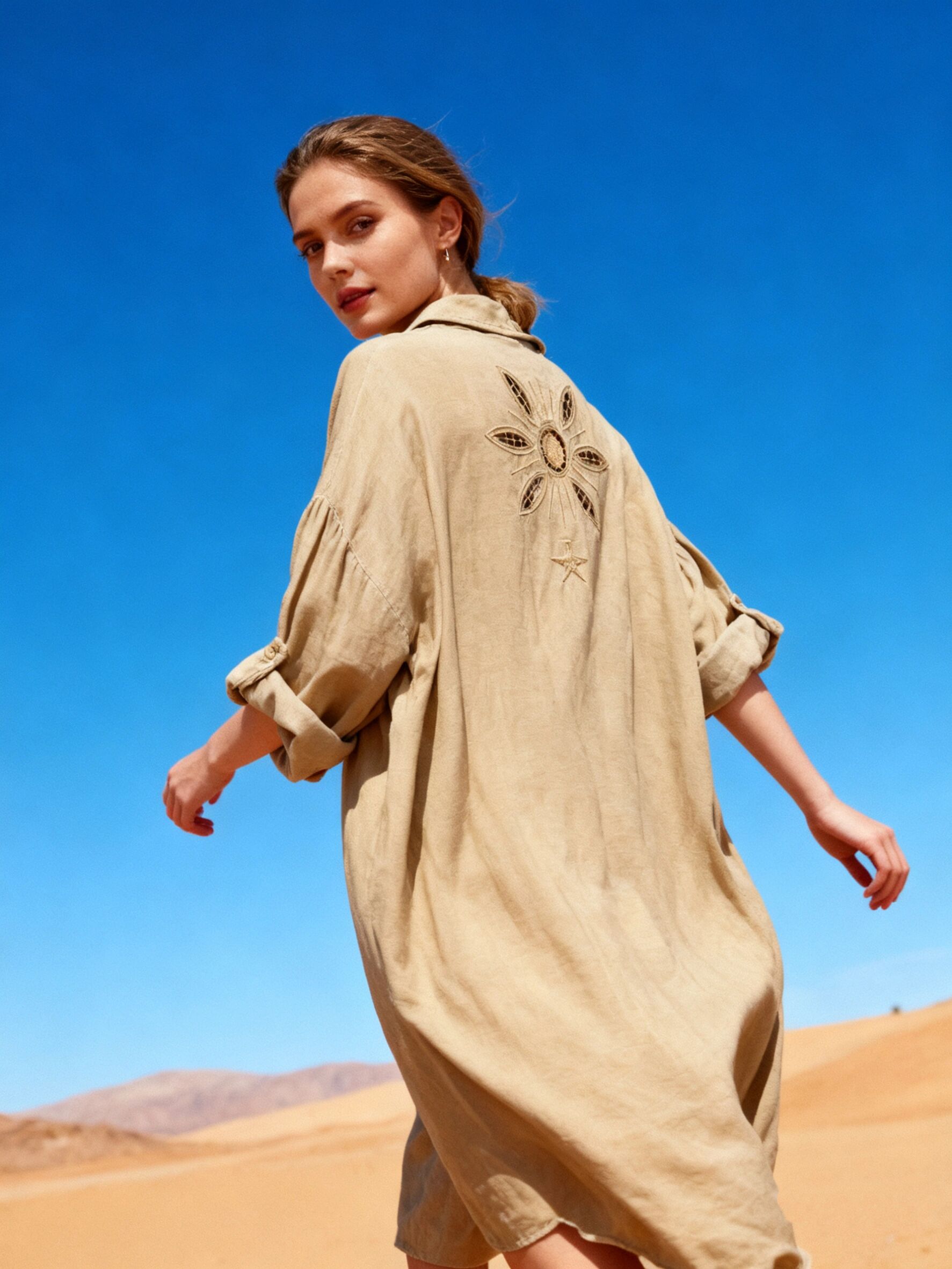 Shirt dress with embroidery, V-neck, flared cut