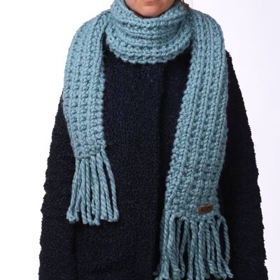 Long warm light turquoise knitted scarf with fringes