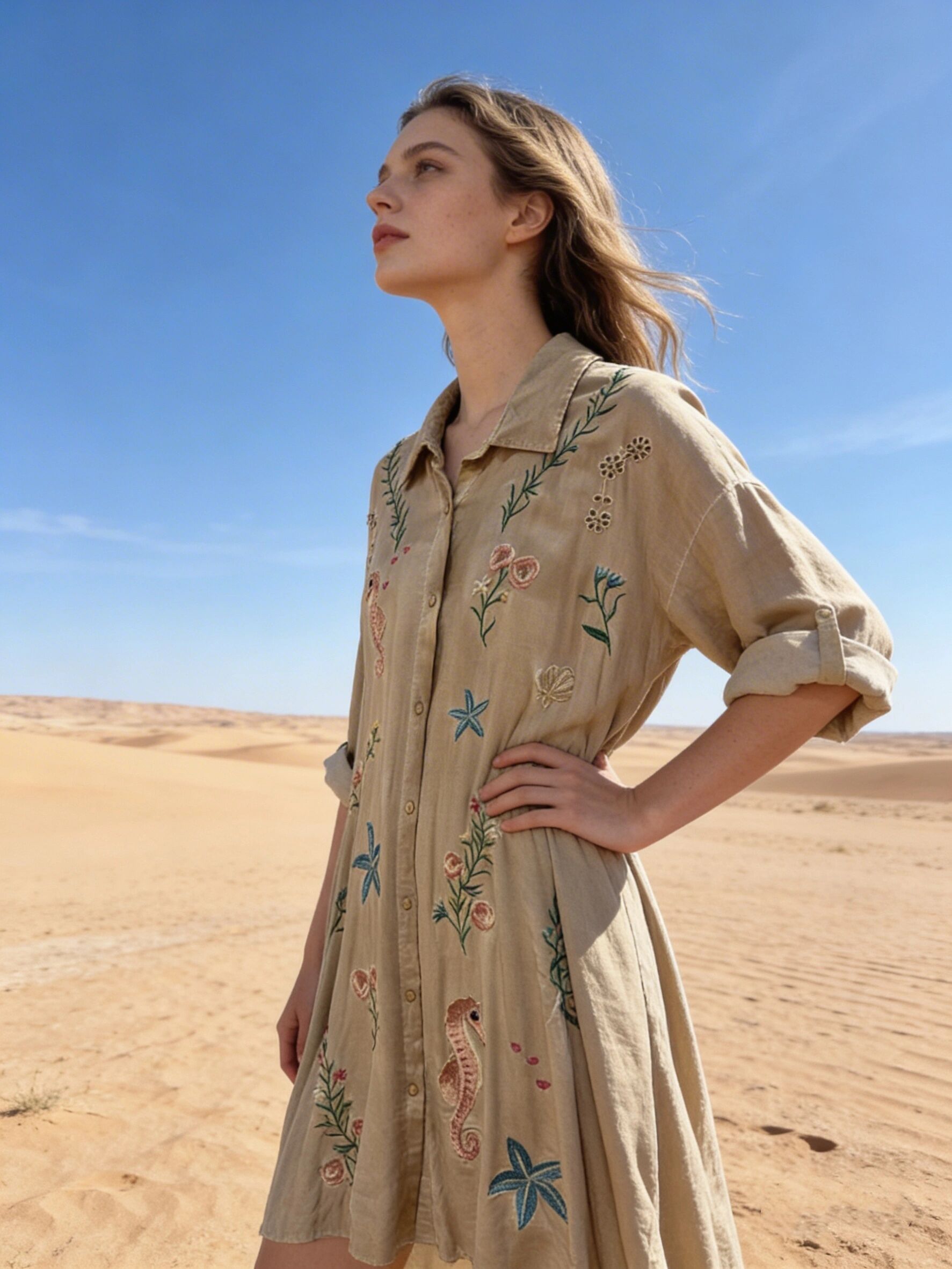 Floral embroidered shirt dress, V-neck, flared cut