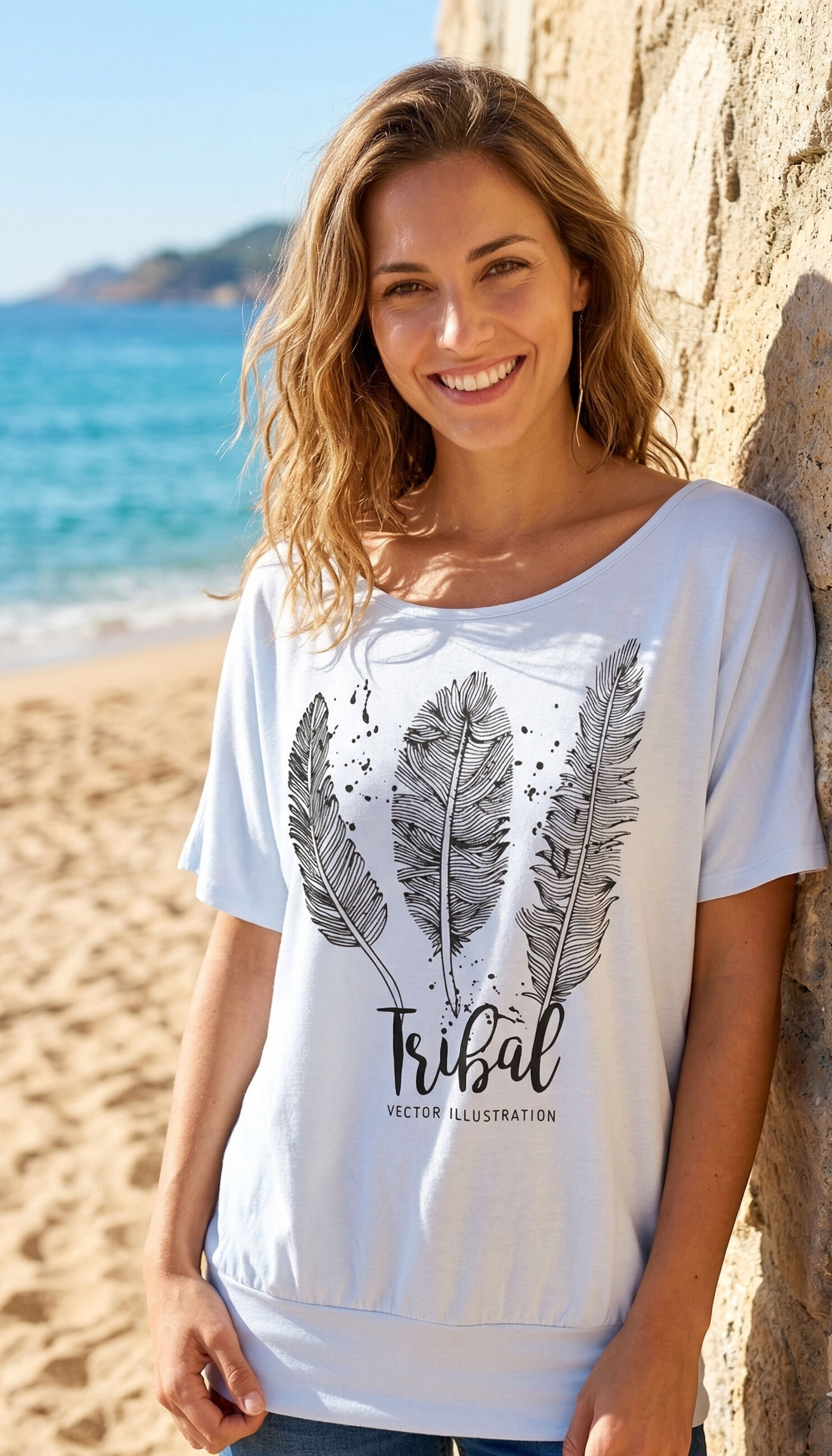 Van Der Rich ® - T-shirt da donna con maniche a pipistrello e scollo rotondo, con motivo a piume