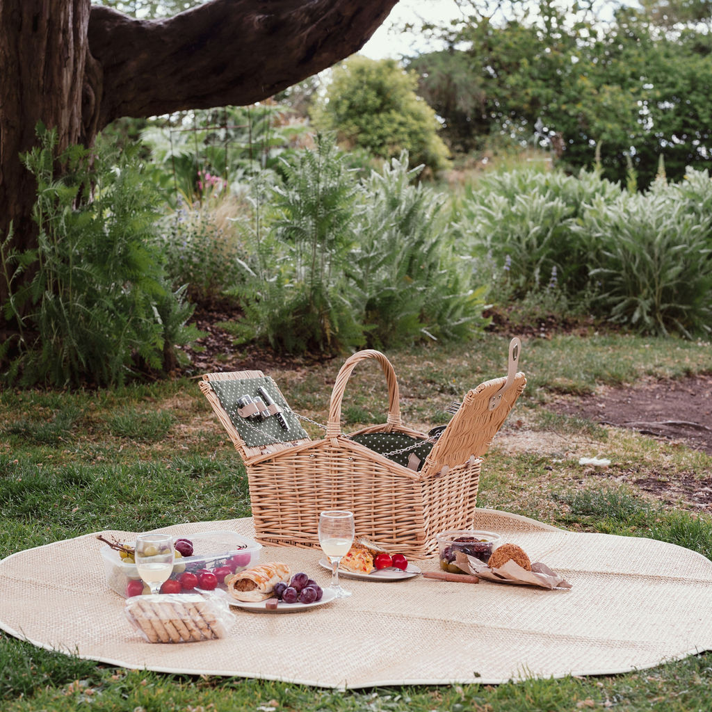 Natural Wicker 2-Person Picnic Basket with Green Polka Dot Lining
