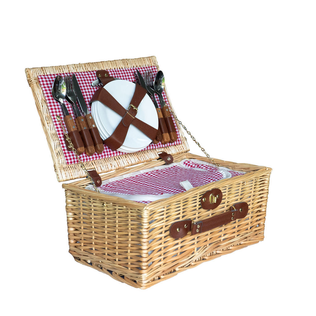 4 Person Picnic Basket with integrated Cool Box & Red Gingham Lining
