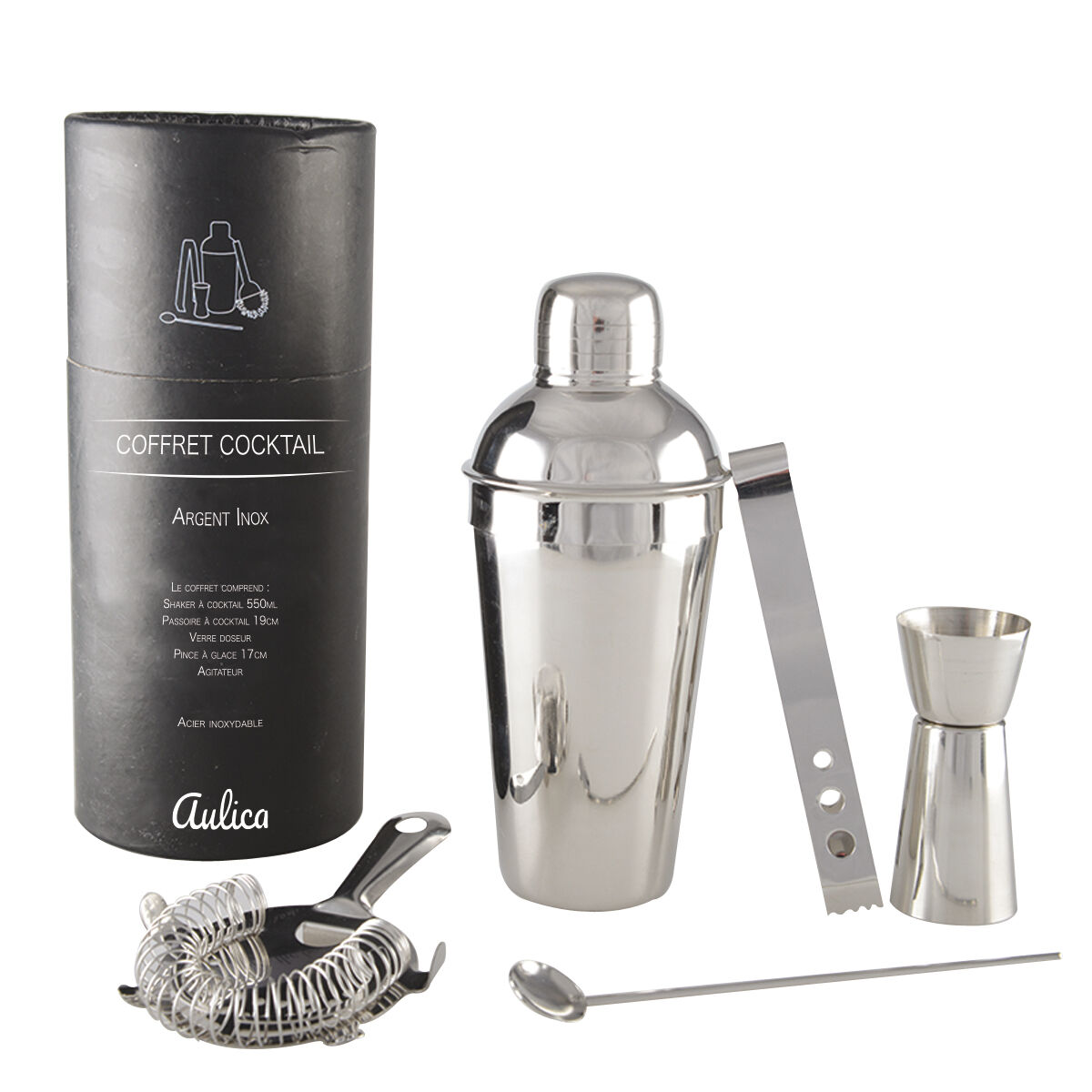 SET COCKTAIL SHAKER 550ML 5 PIECES SILVER COLOR
