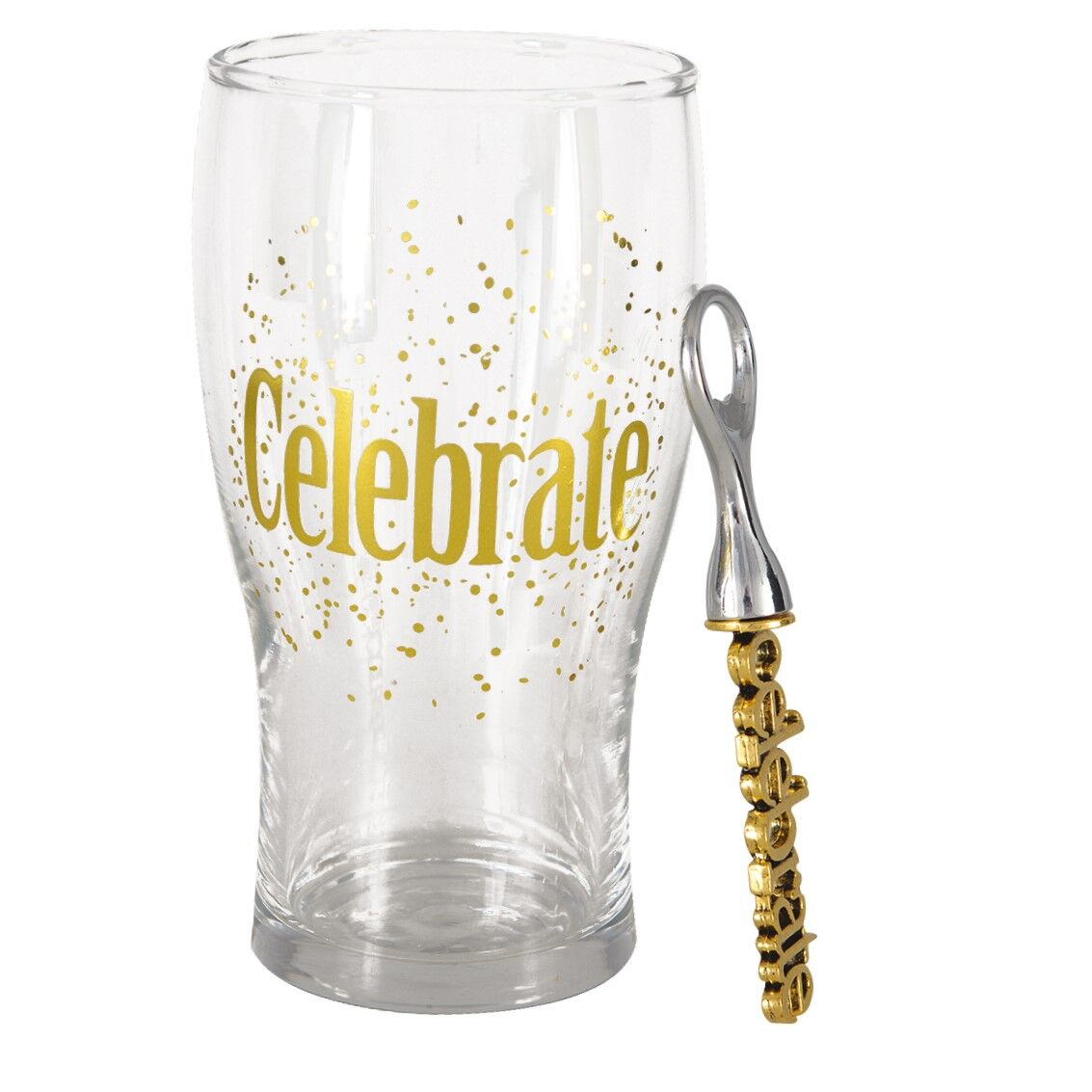 CELEBRATE beer glass and bottle opener in a gift set
