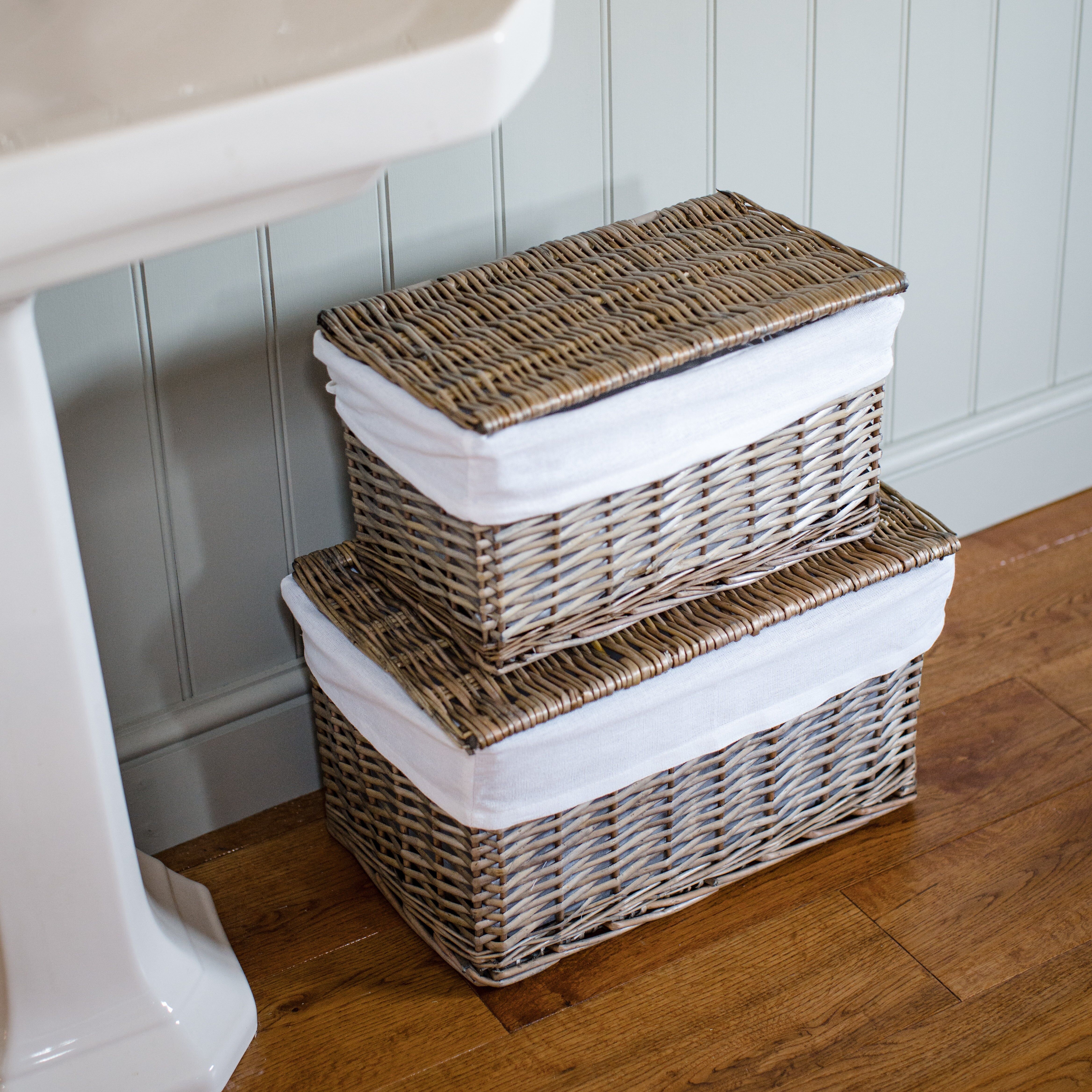 Antique Wash Lined Lidded Storage Basket Bundle