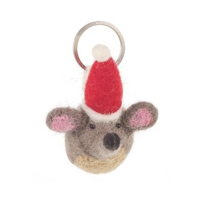 Porte-clés de Noël souris festive en feutre à l'aiguille du commerce équitable