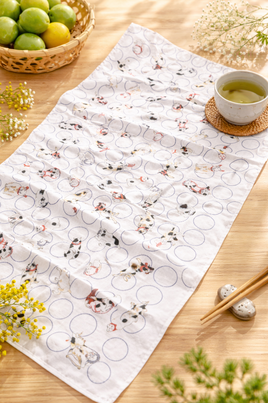 Tenugui Japanese towel, 100% cotton, printed with a reproduction of the "The Cat with Soap Bubbles" woodblock print.