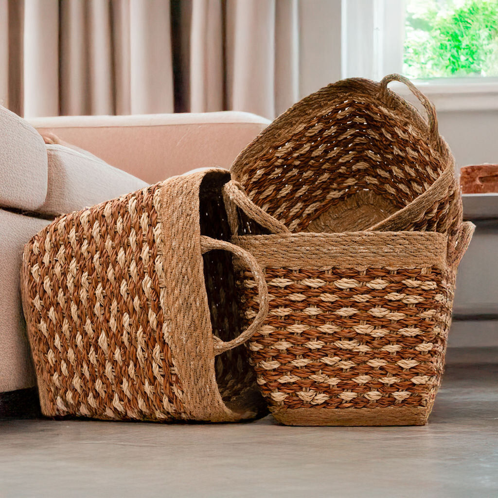 Karatoya, Square Seagrass Basket with Tapered Base Set of 3
