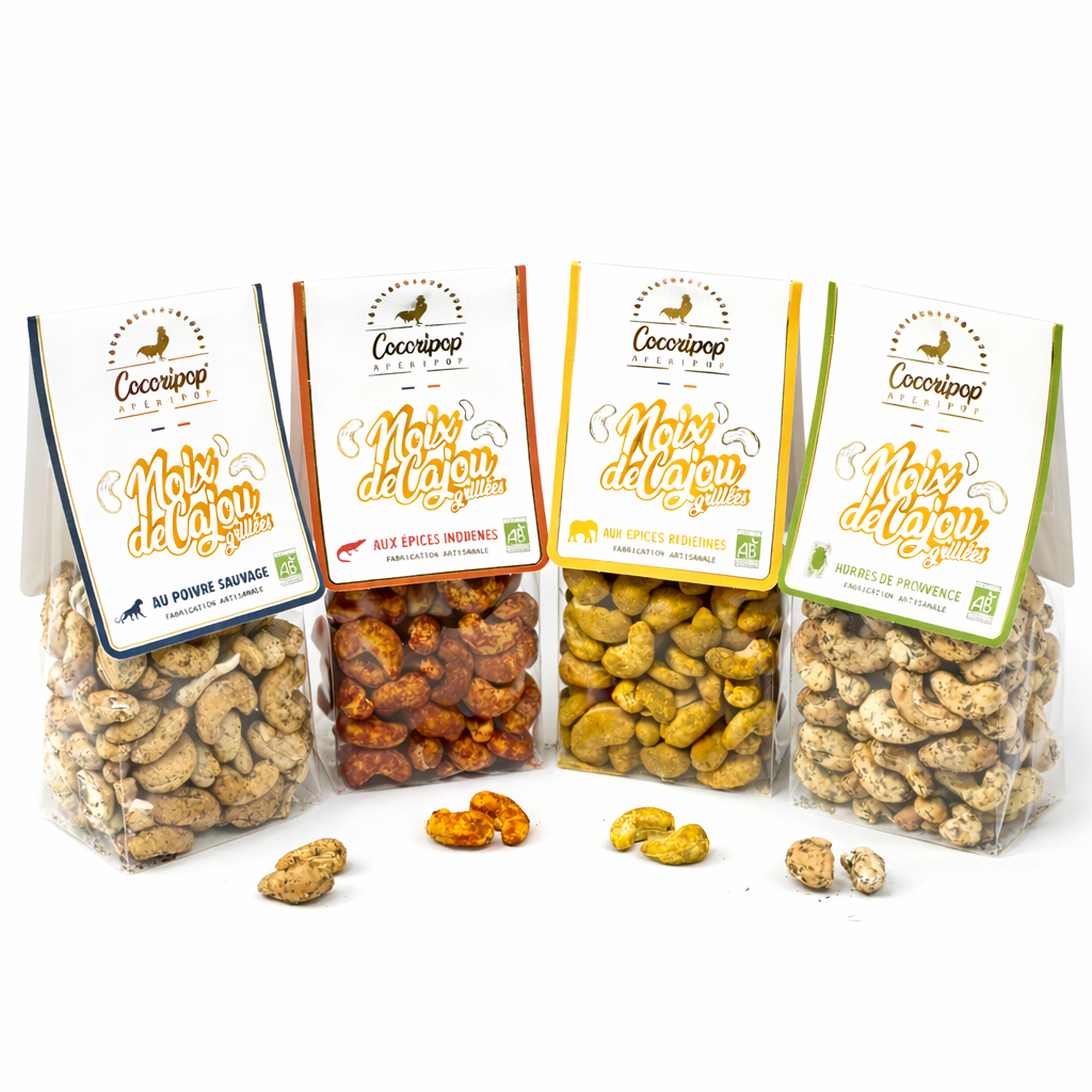 Pack noix de cajou grillées 4 recettes. x32 sachets. (Apéritif, salé)