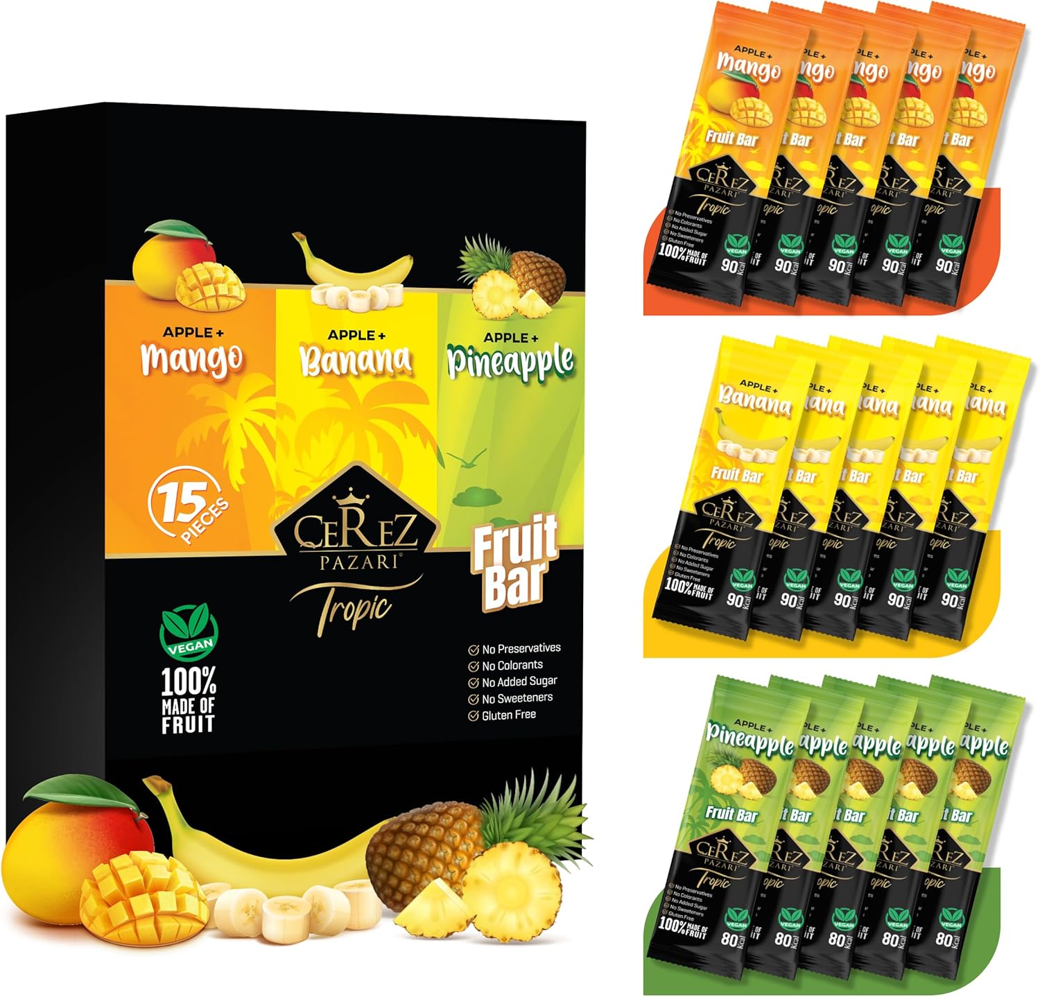 Rouleaux de fruits secs banane, ananas et mangue, paquet de 15 (25 g)