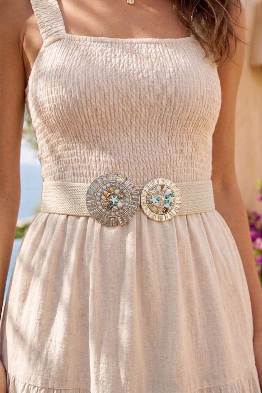 Ceinture femme en raphia sythétique élastiqué avec boucle decoration coquillage CF24