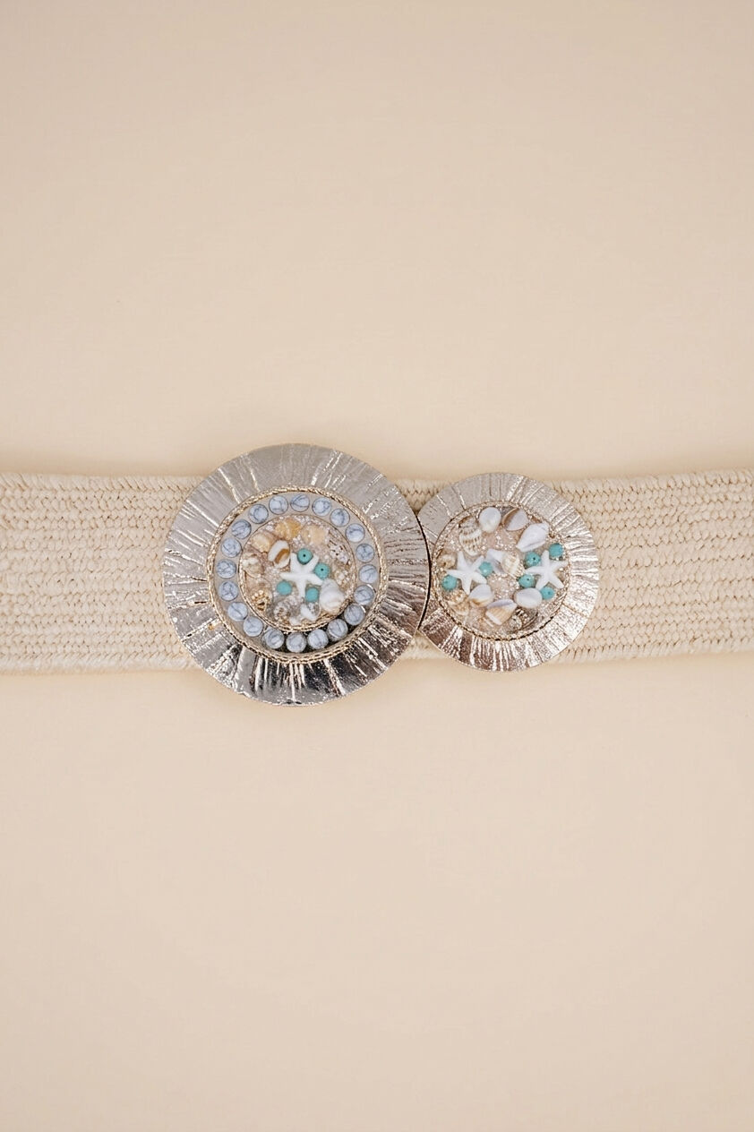 Ceinture femme en raphia sythétique élastiqué avec boucle decoration coquillage CF24