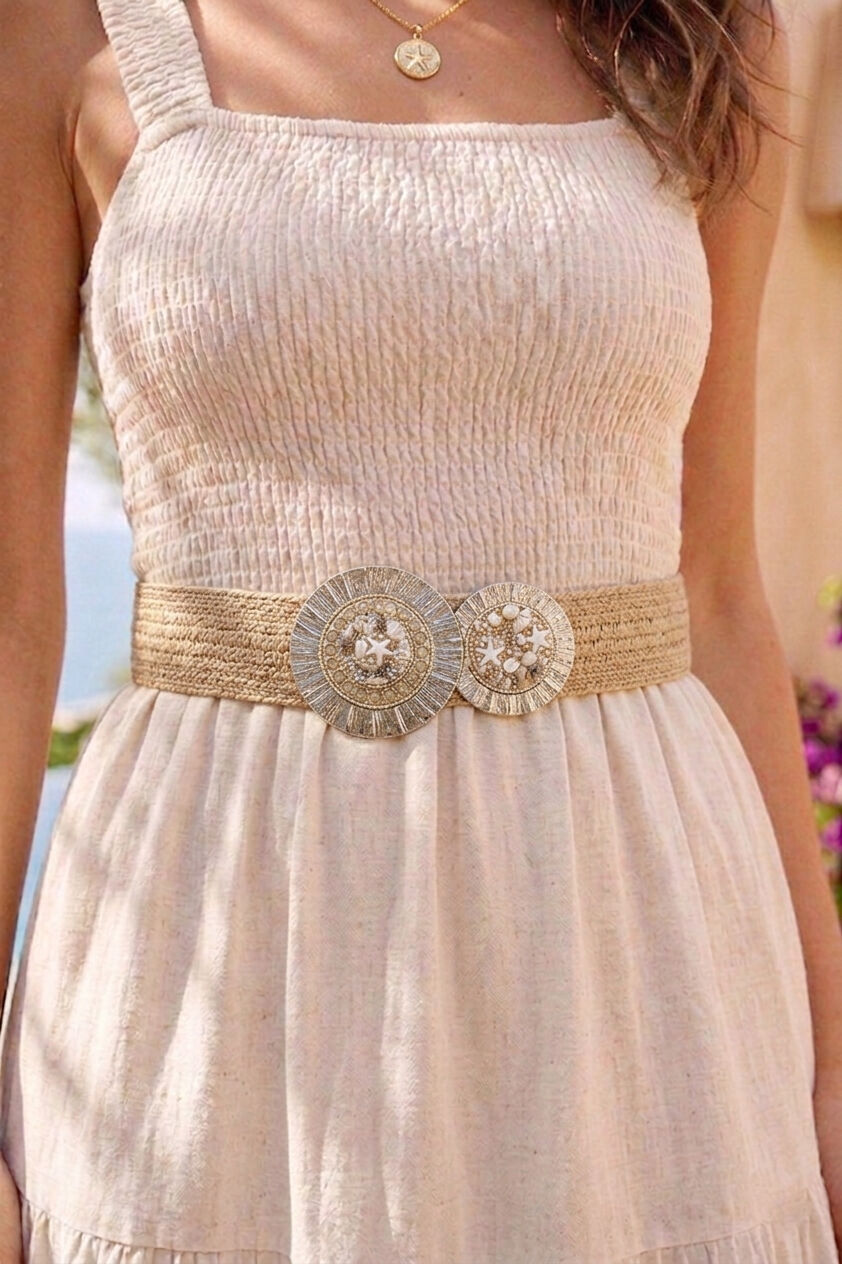 Ceinture femme en raphia sythétique élastiqué avec boucle decoration coquillage CF24