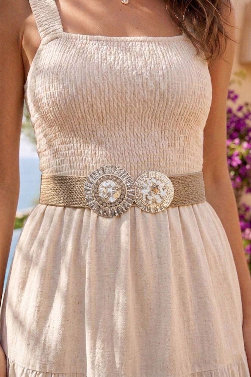 Ceinture femme en raphia sythétique élastiqué avec boucle decoration coquillage CF24