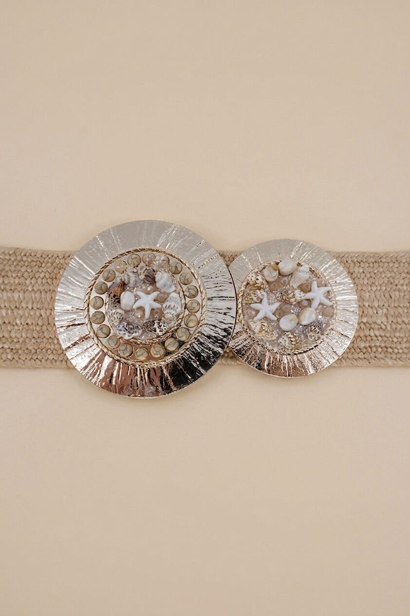Ceinture femme en raphia sythétique élastiqué avec boucle decoration coquillage CF24