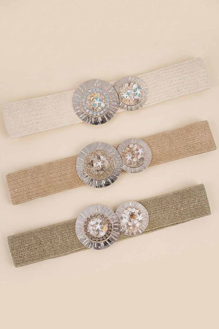 Ceinture femme en raphia sythétique élastiqué avec boucle decoration coquillage CF24
