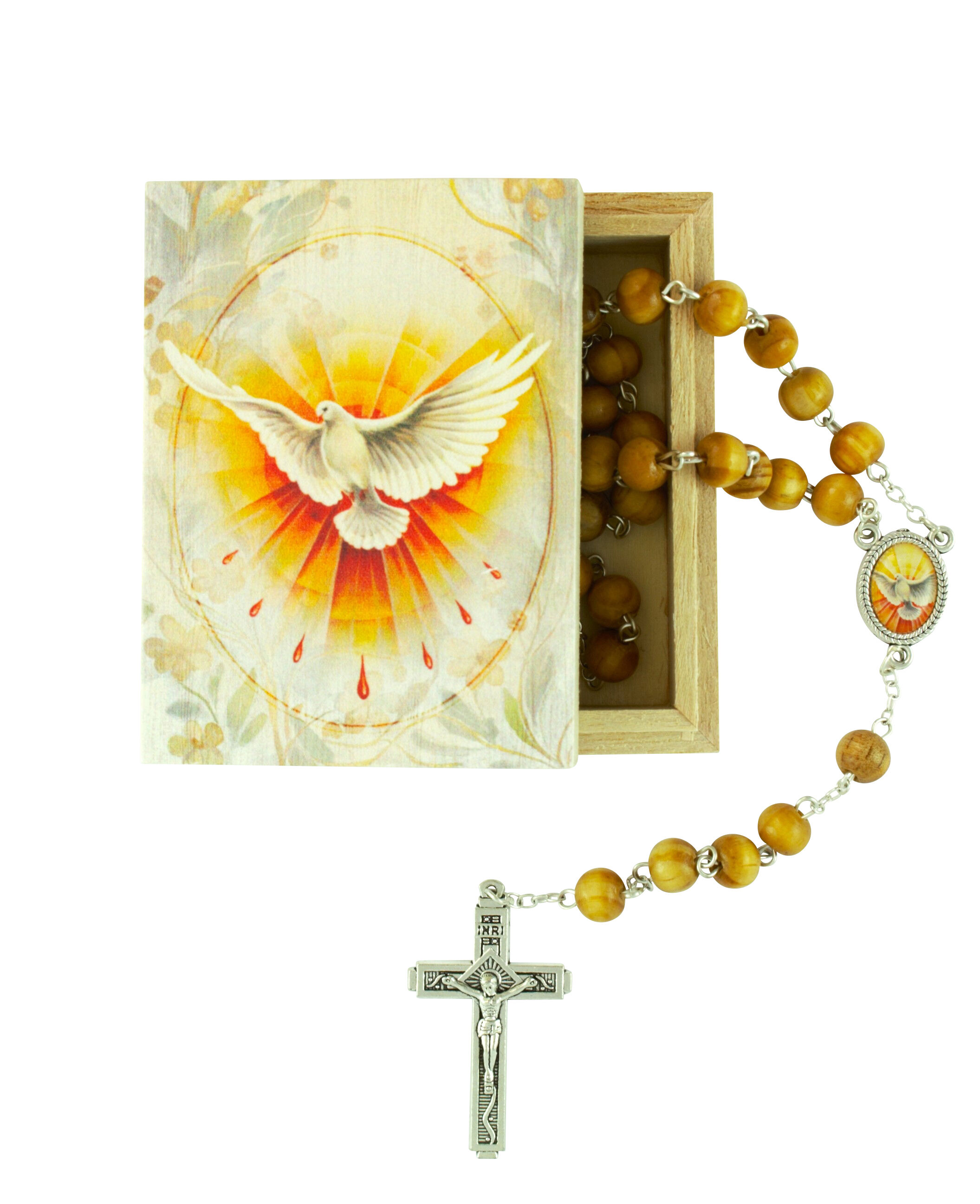 Holzdose mit Rosenkranz Motiv "Taube"