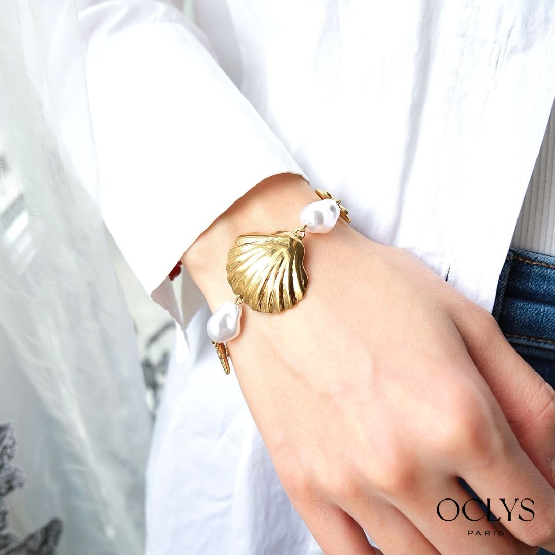 Bracelet thème marin coquillage perlé acier inoxydable doré Riaki
