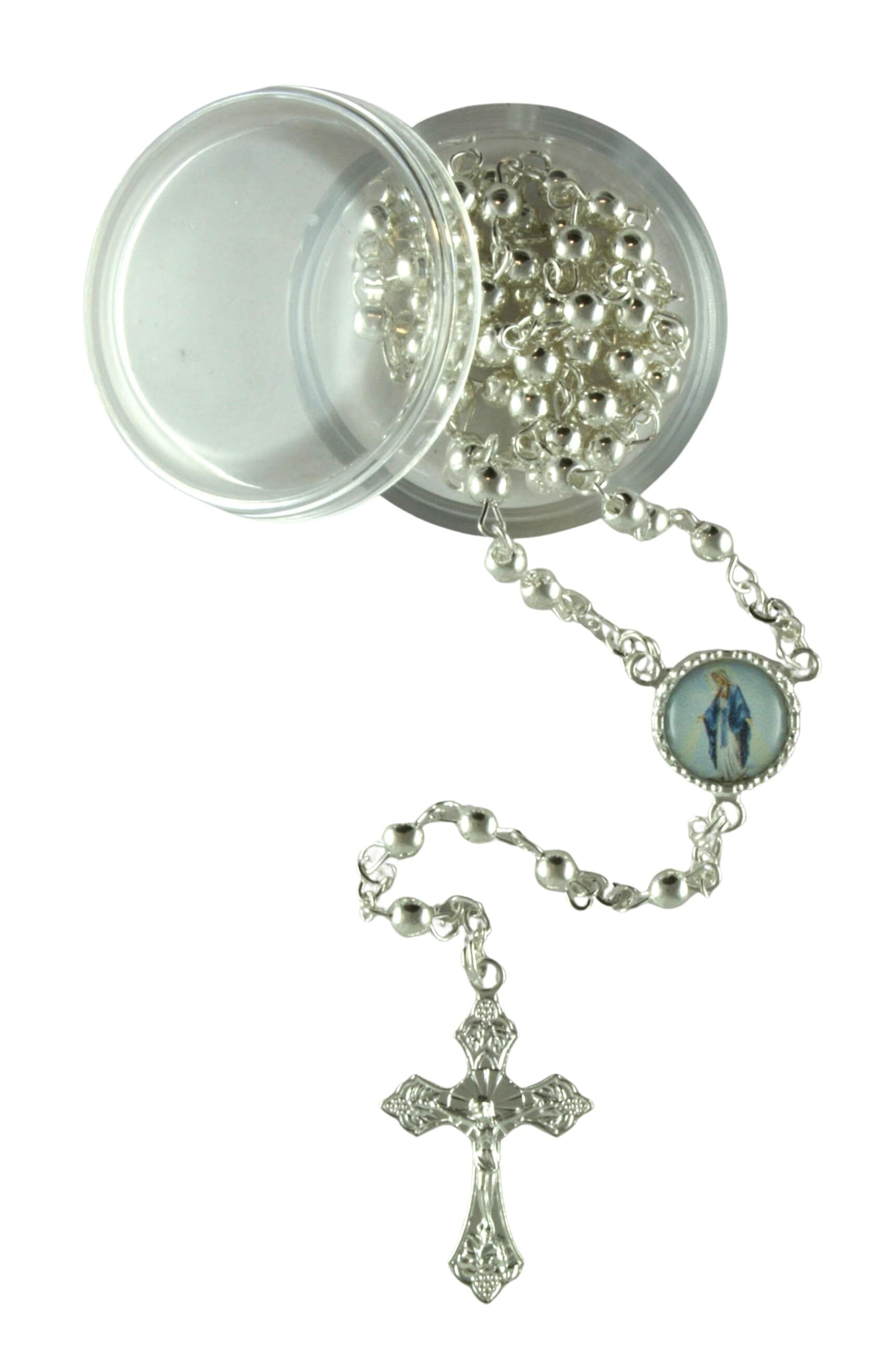 Chapelet argenté – avec anneau à ressort, dans un coffret transparent