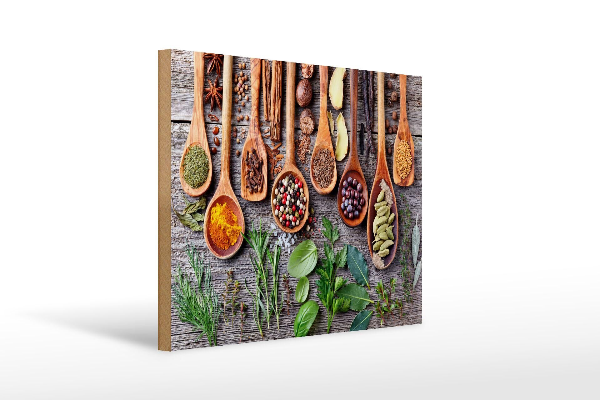 Wooden sign "Food" 30x40 cm, spices on wooden spoons, decorative sign
