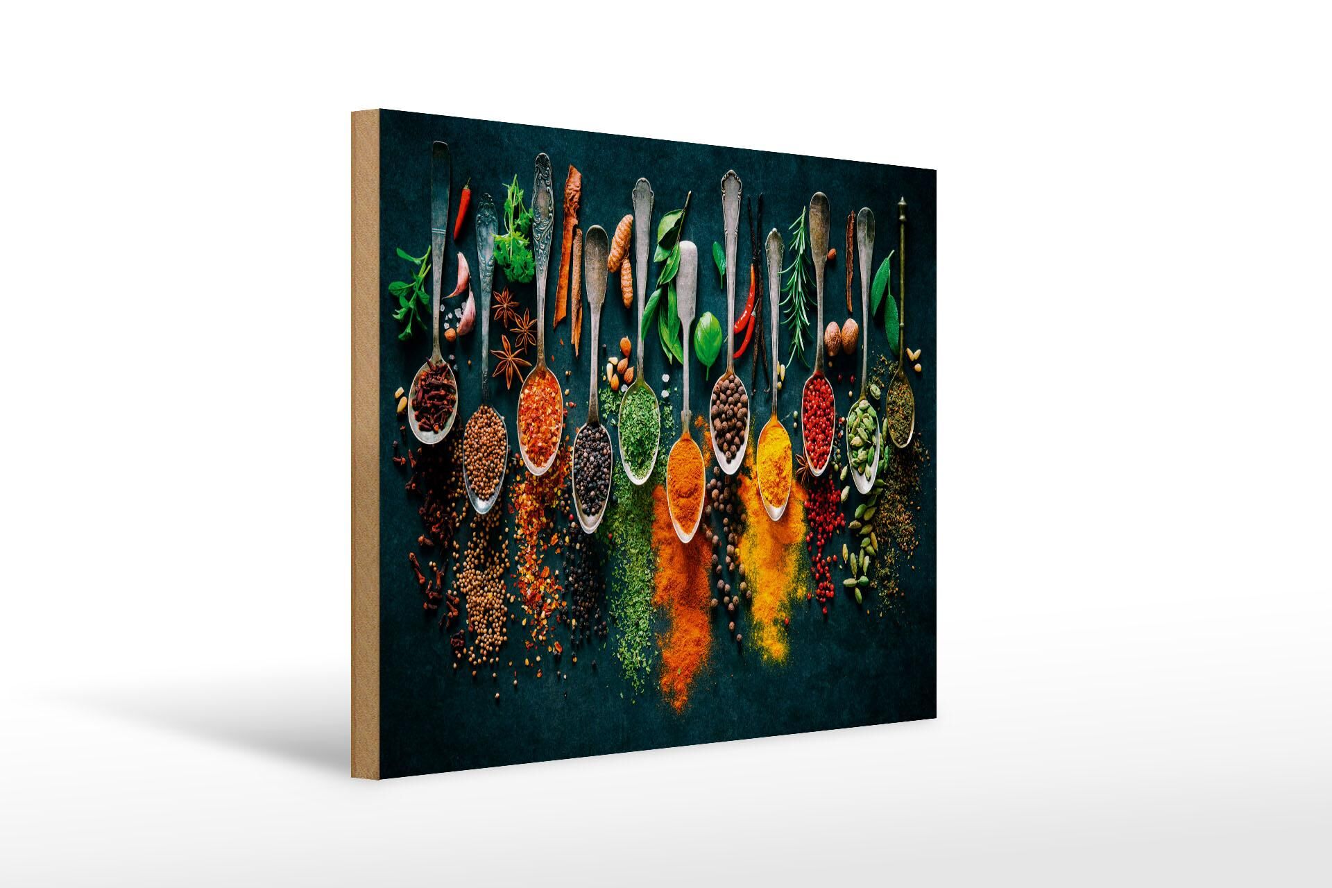 Wooden sign "Food" 30x40 cm, spices on silver spoons, decorative sign