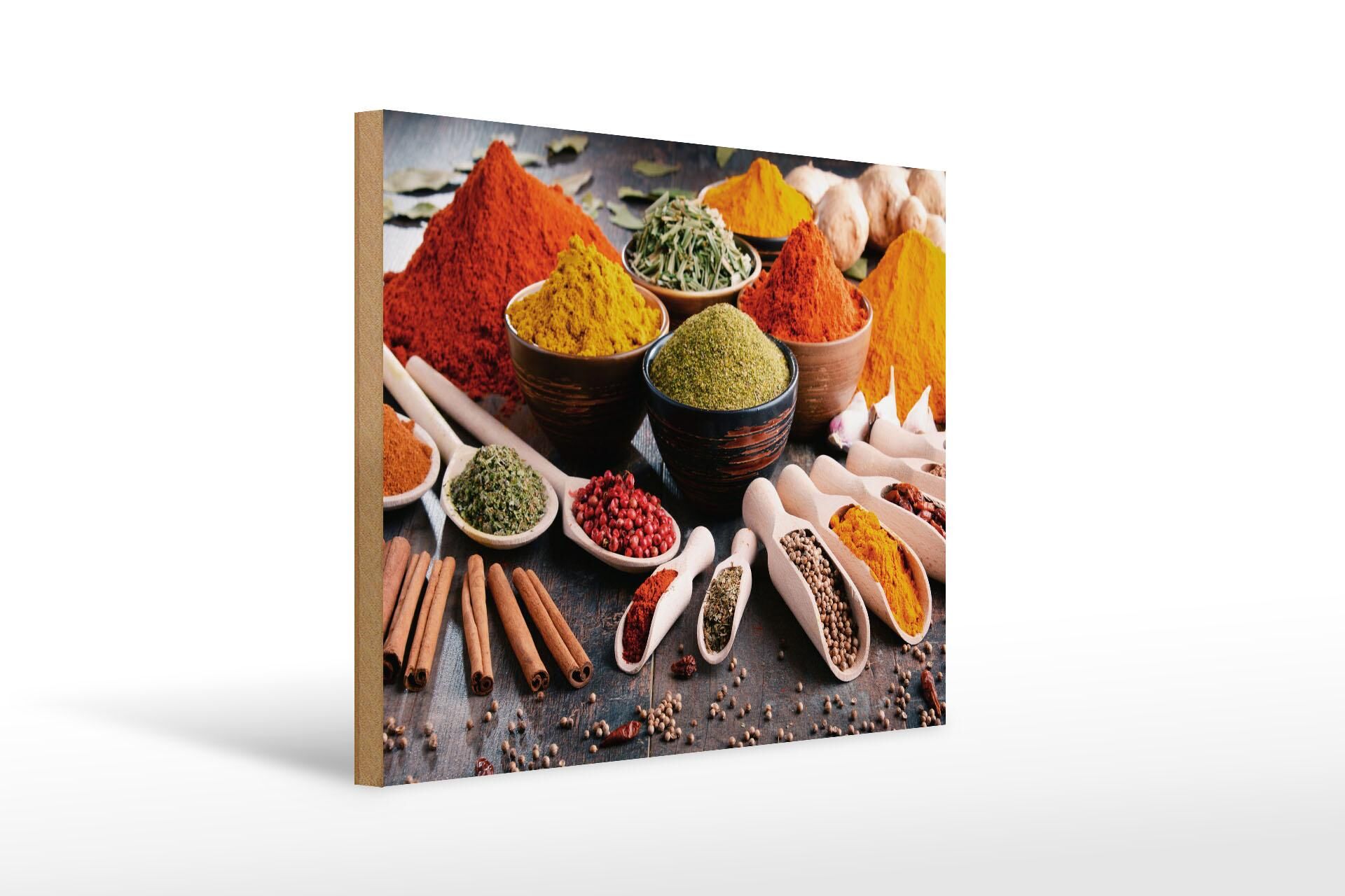 Wooden sign "Food" 30x40 cm, spices on spoons and in bowls, decorative sign