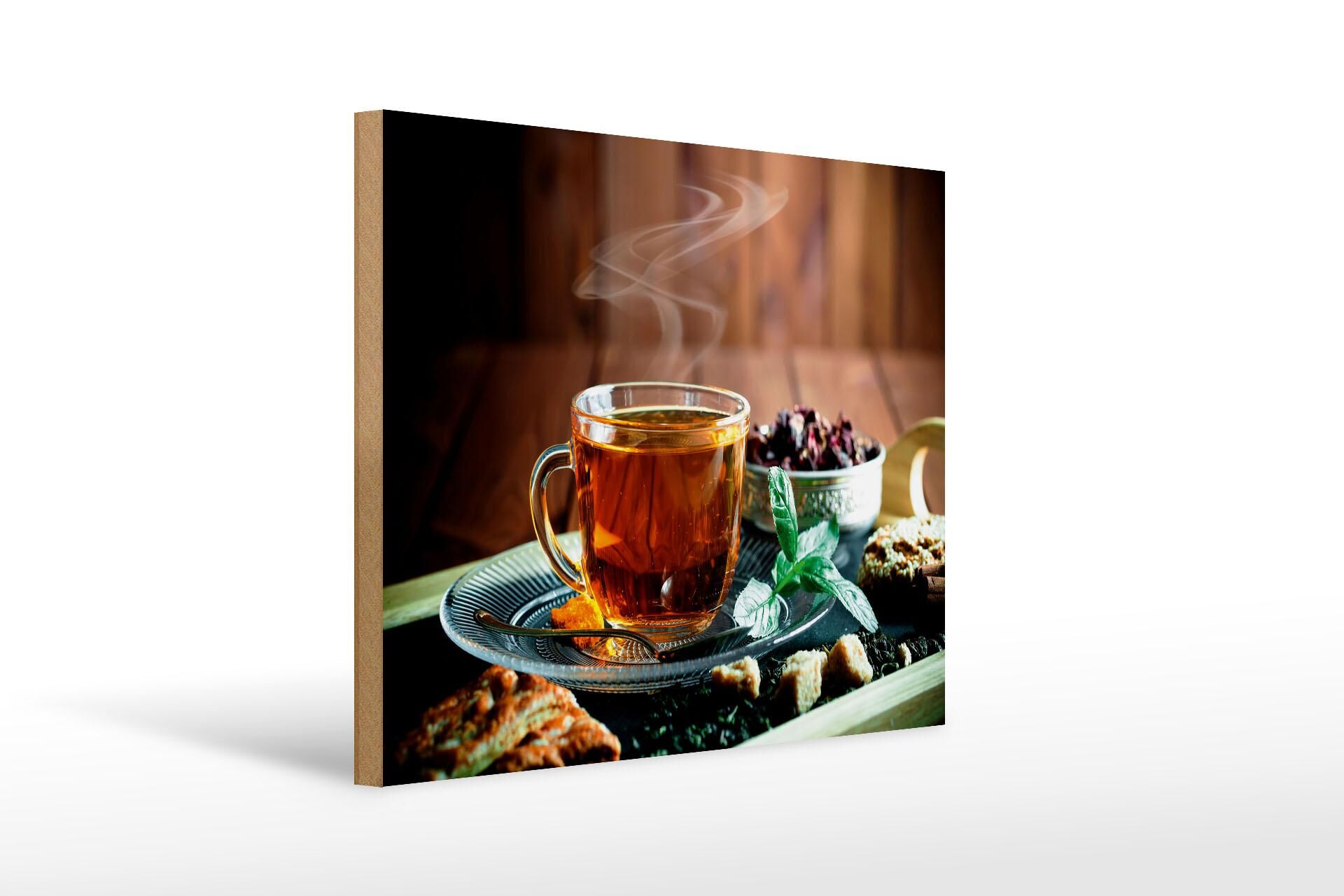 Wooden sign "Drinking" 30x40 cm, steaming cup of tea on tray, decorative sign