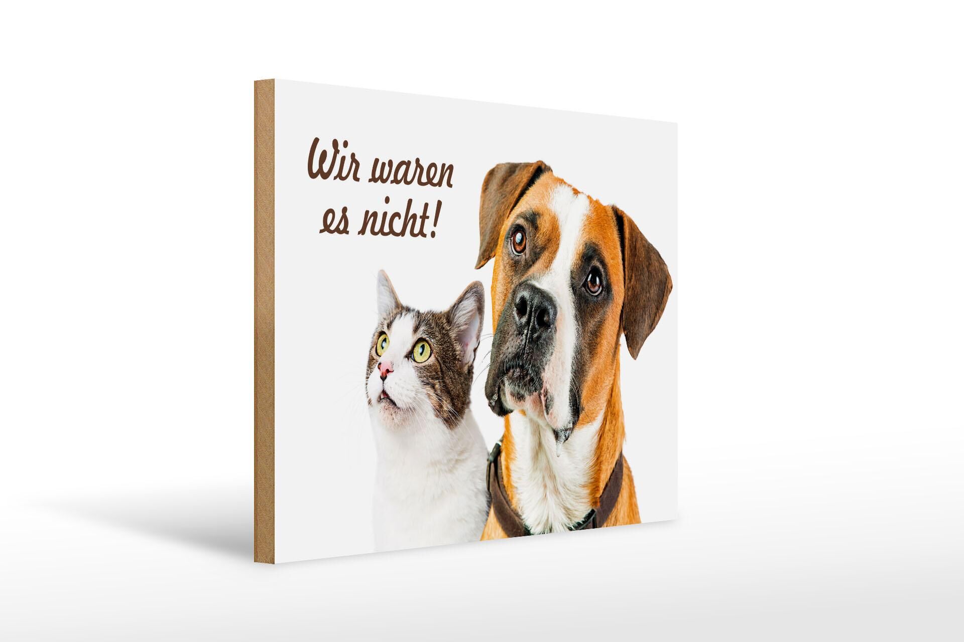 Wooden sign with animals, 30x40 cm, featuring a cat and dog. We didn't do it! Decorative sign.