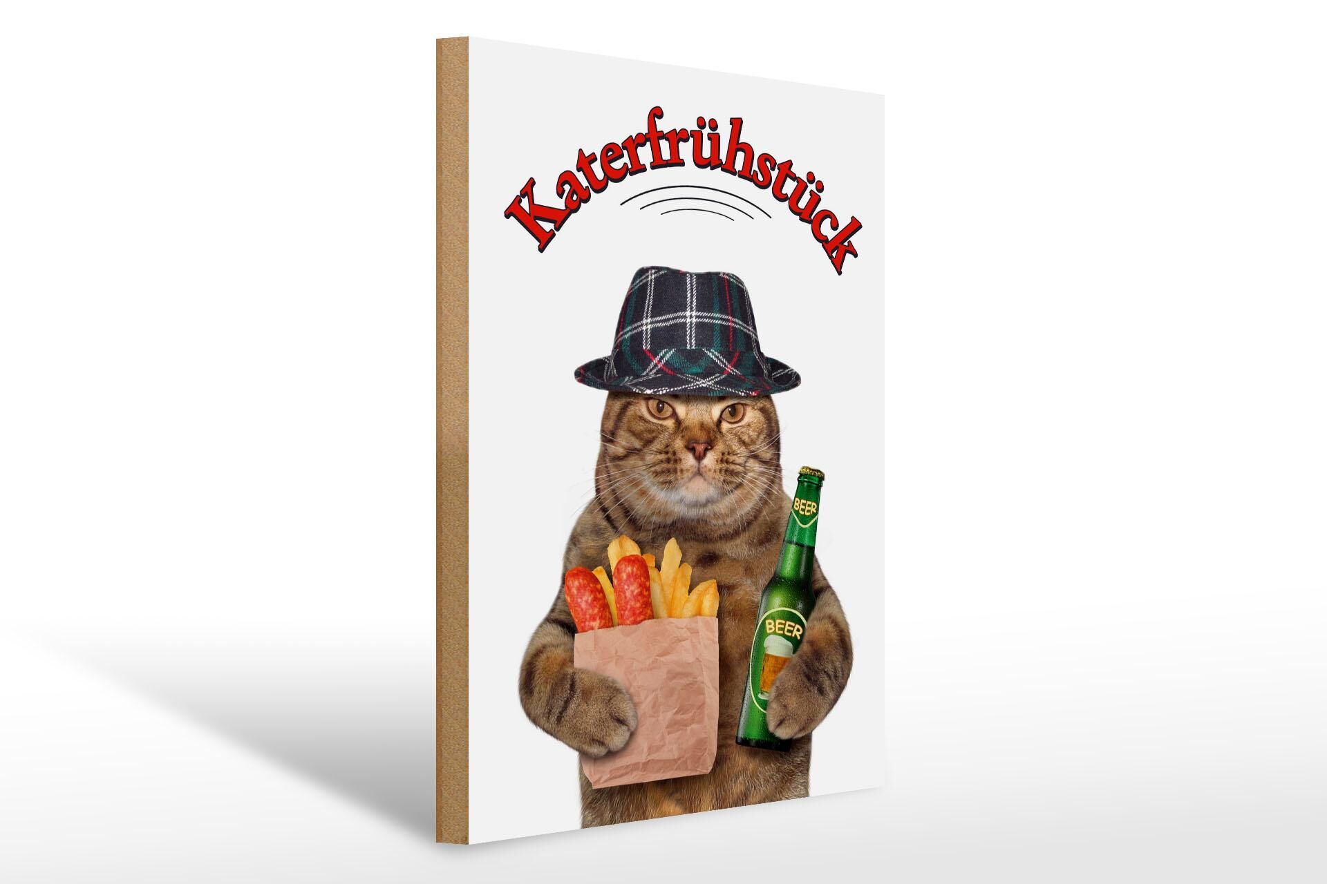 Wooden sign, animals, 30x40 cm, cat with beer and fries, hangover breakfast sign