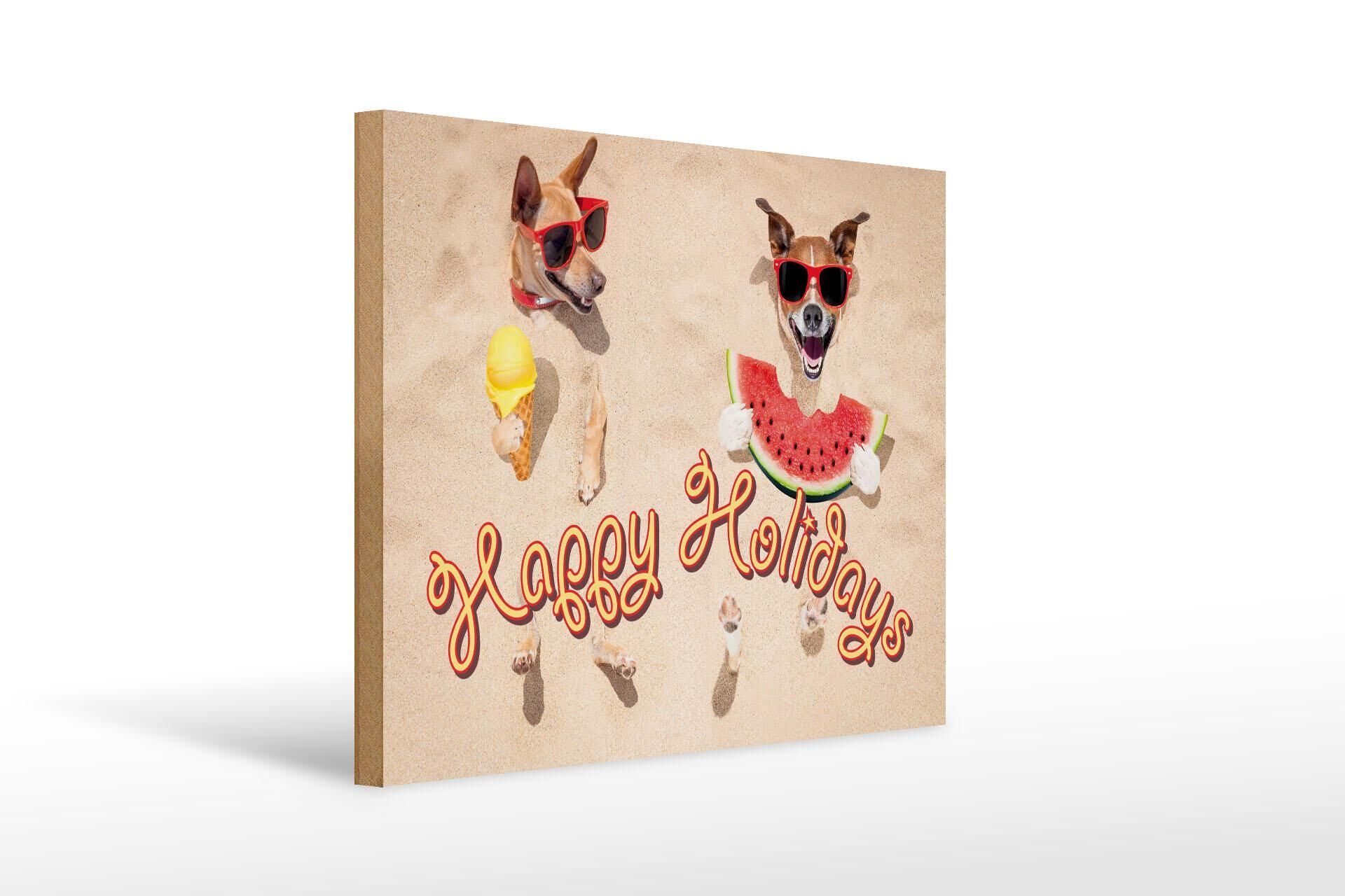 Wooden sign with saying, 30x40 cm, dogs in the sand, Happy Holidays, decorative sign