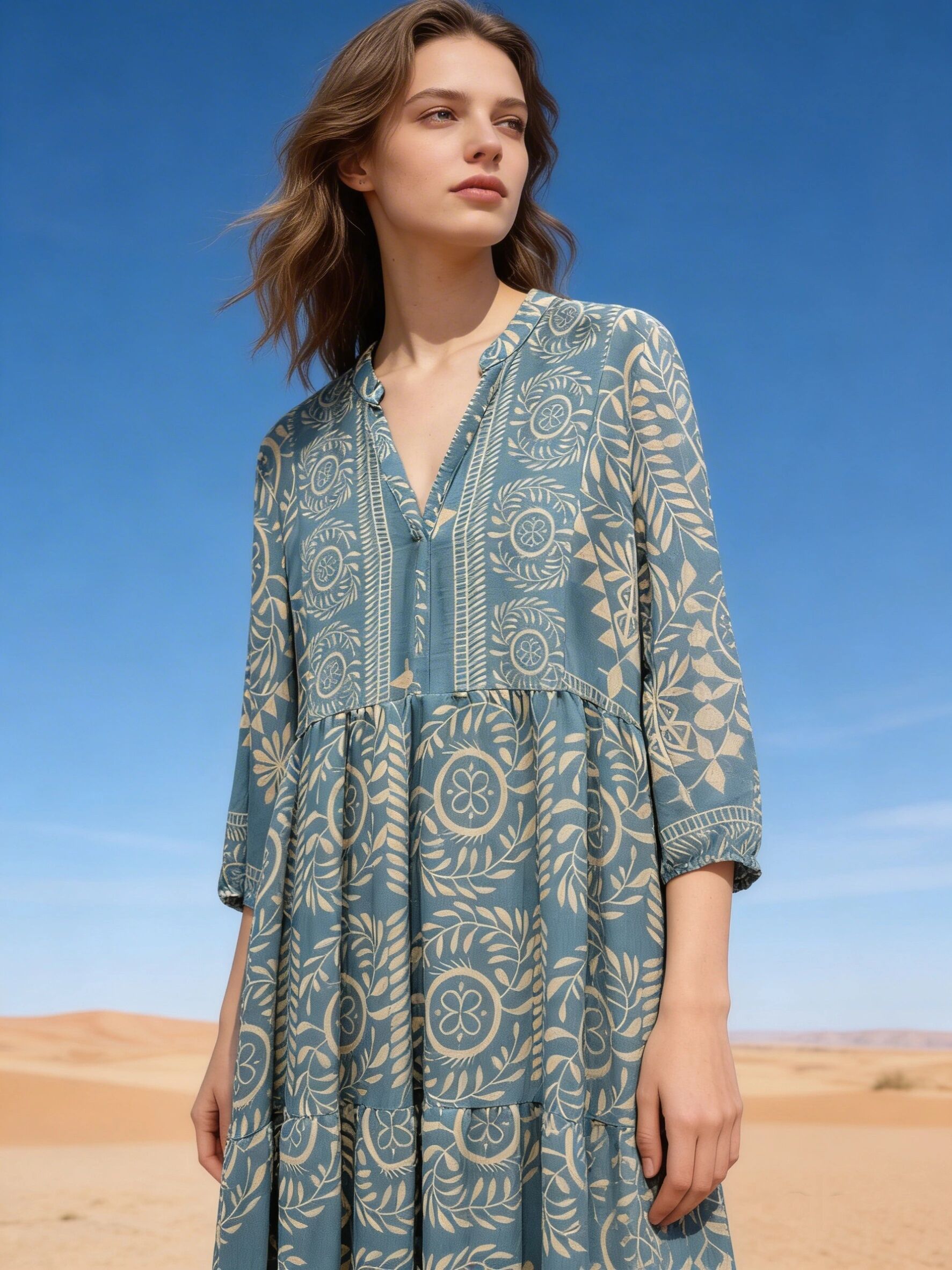 Long dress, V-neck, flared cut with invisible pockets