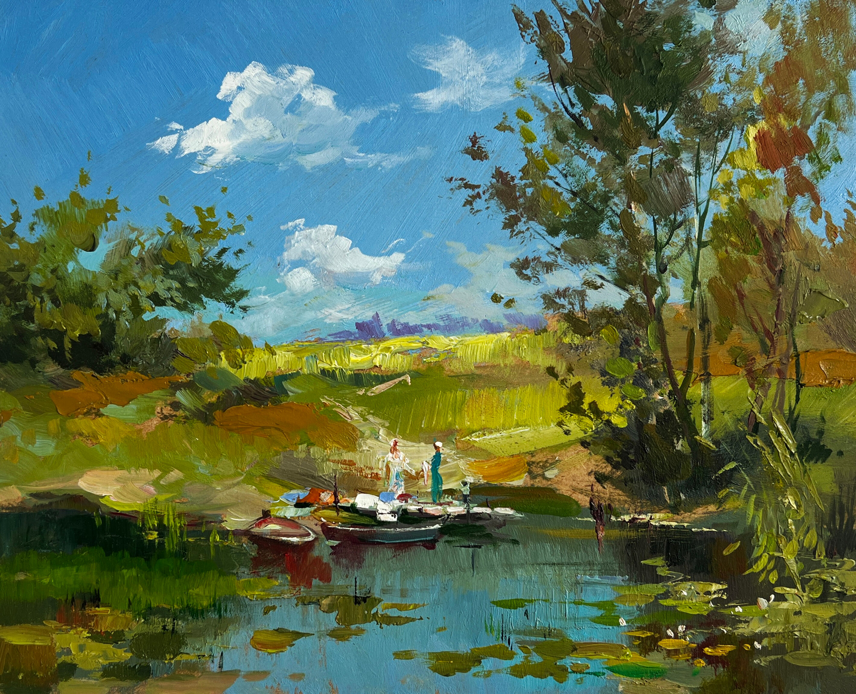 Peinture à l'huile « Baignade dans un lac d'été » de Yuriy Suprunchuk, 20 x 25 cm