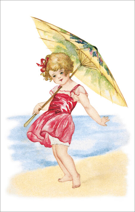 Strandpostkarte, rotes Kleid