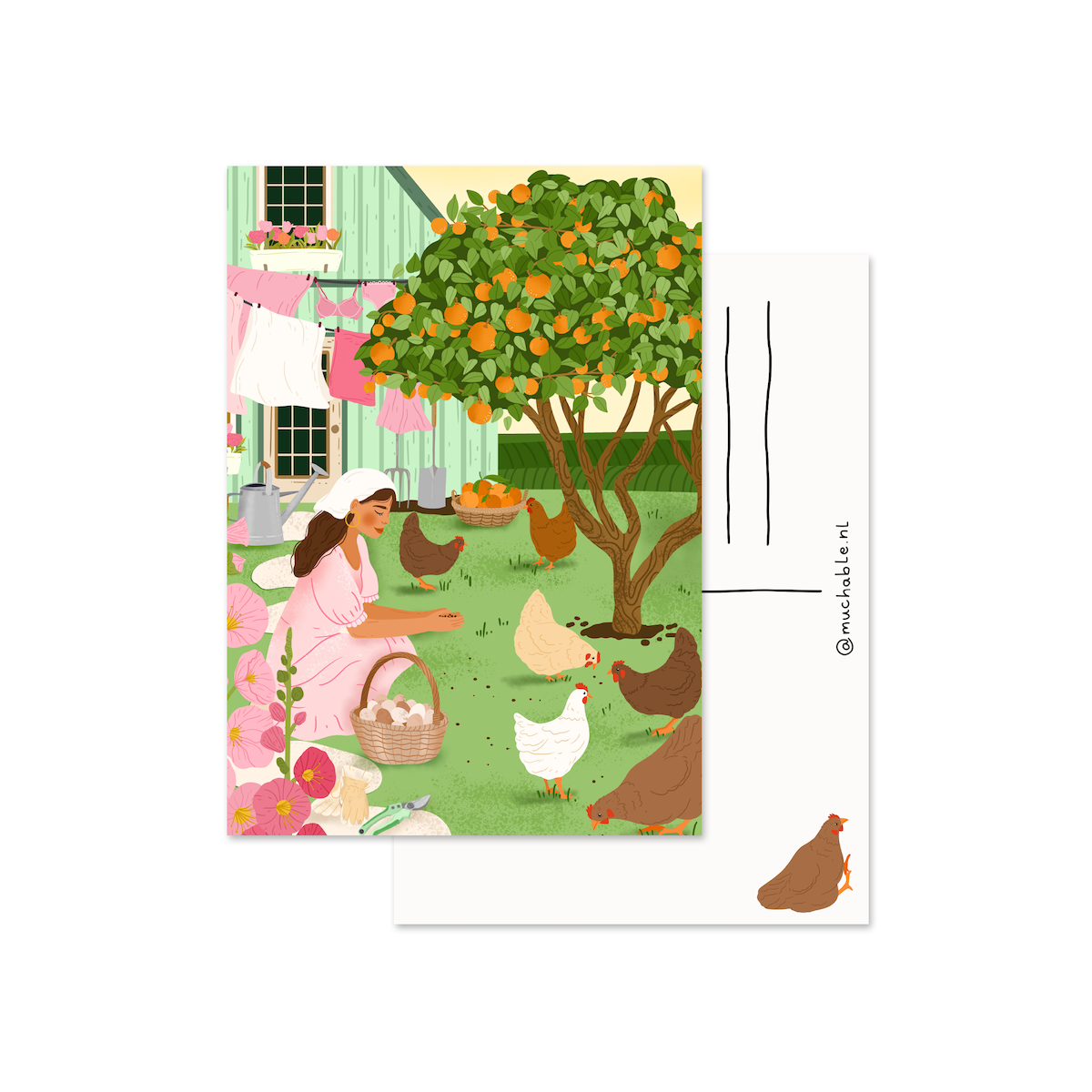 Création de carte - Fille nourrissant des poules - Illustration - Printemps