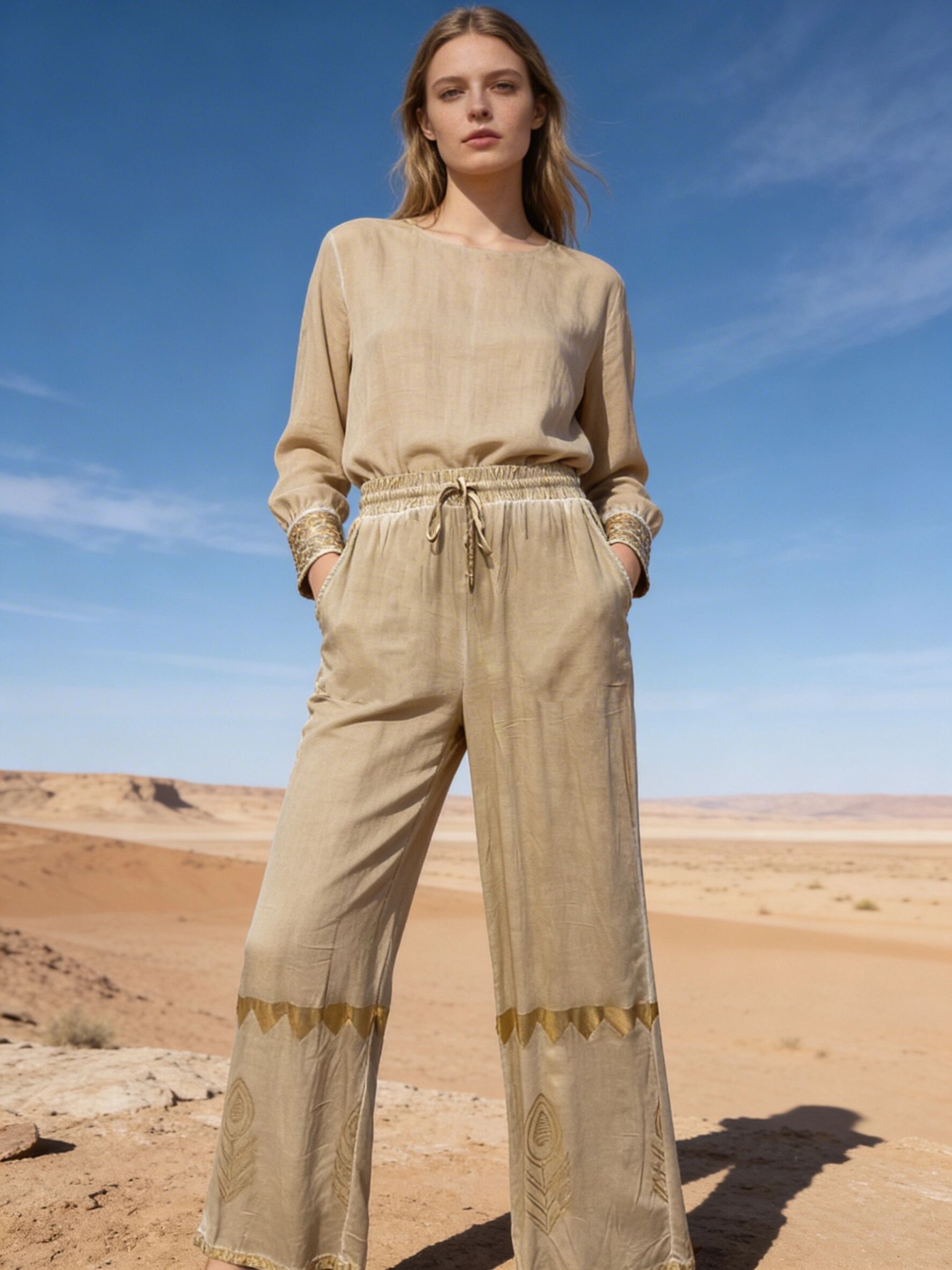 Fließende Hose mit Ethno-Print, verwaschener Stil