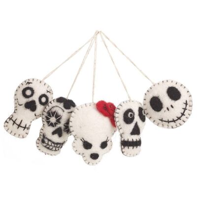 Handmade Felt Halloween Skulls (Set of 5) Hanging Biodegradable Decorations