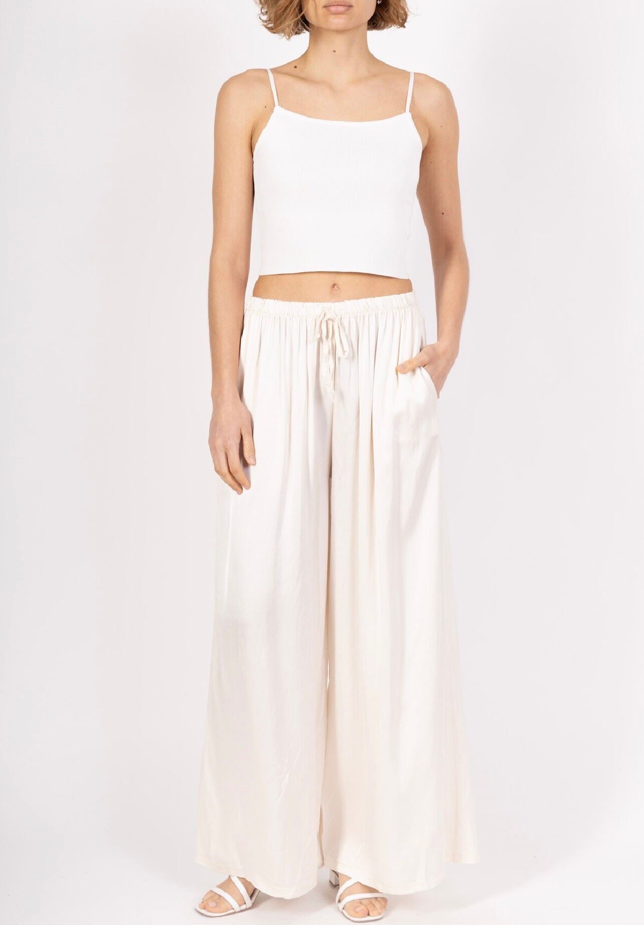 Wide-leg palazzo trousers in flowing satin with elasticated waistband and drawstring pockets