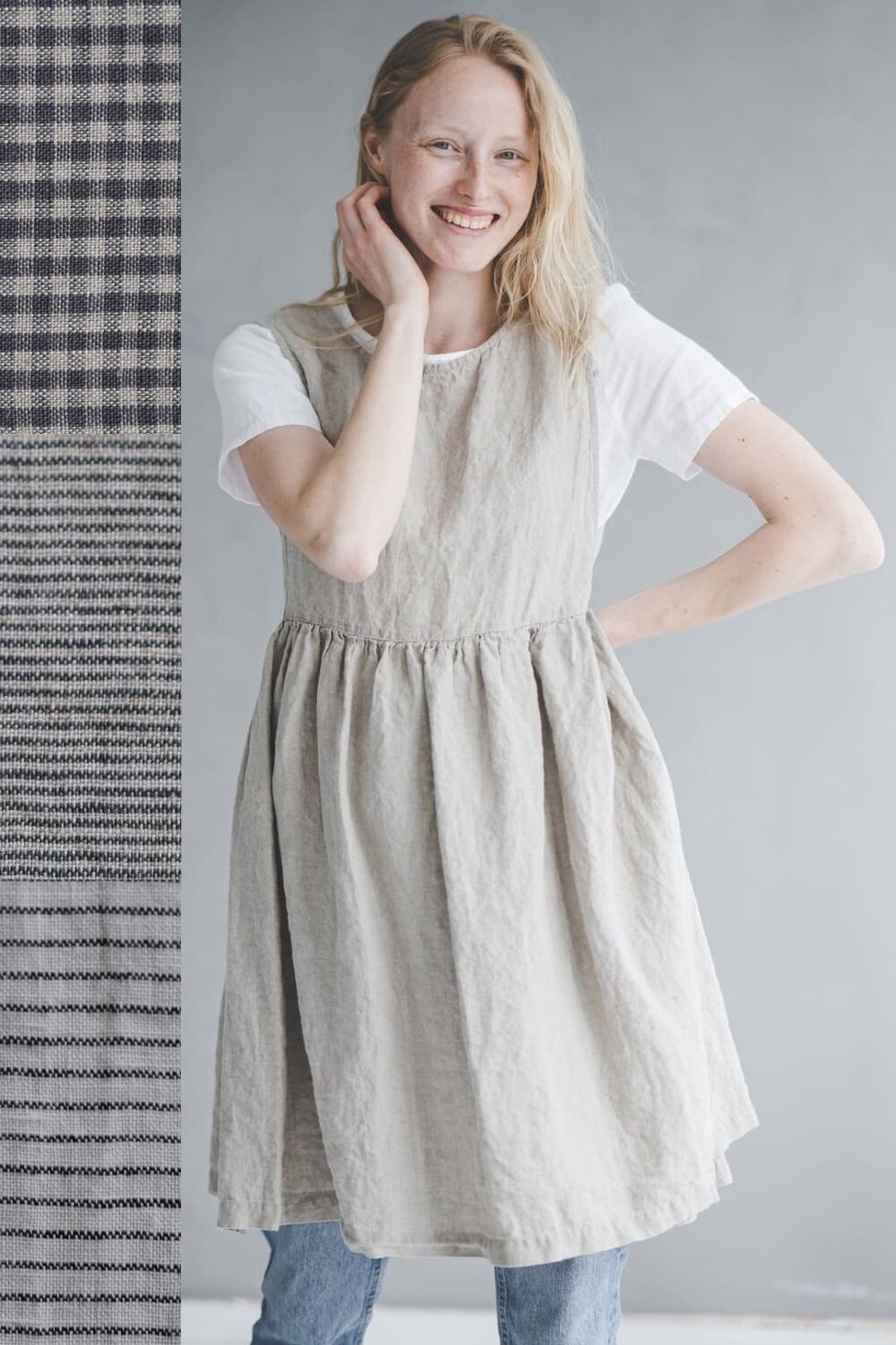 Patterned Pinafore Apron Dress, Multifunctional Linen Dress