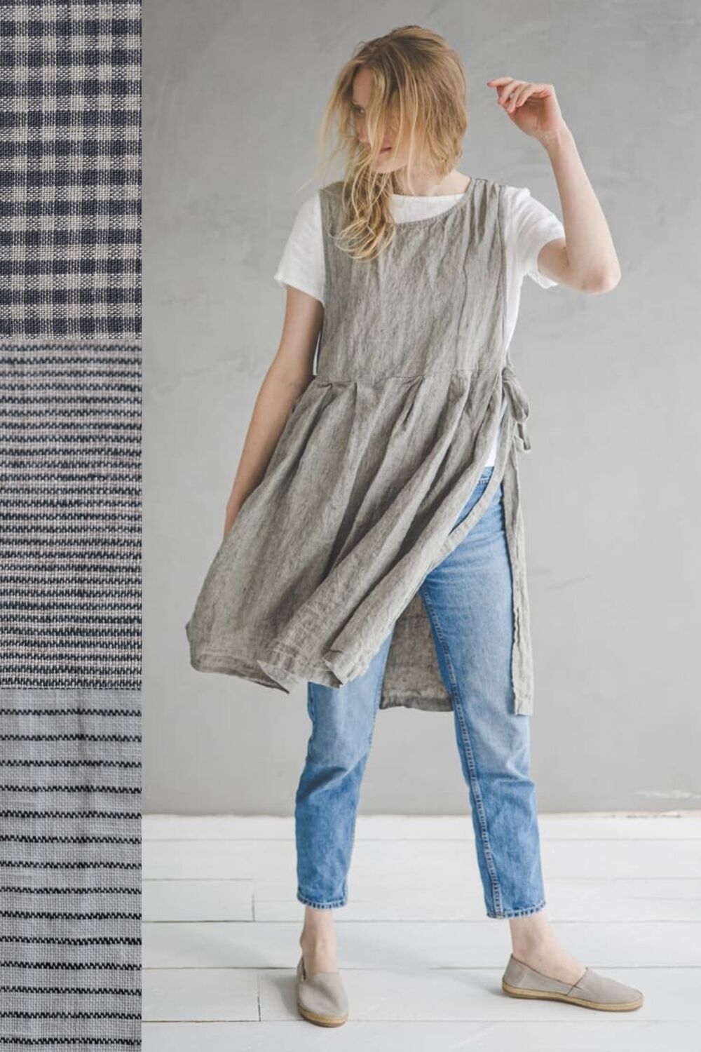 Patterned Elegant Pinafore Apron Dress, Multifunctional Linen Dress