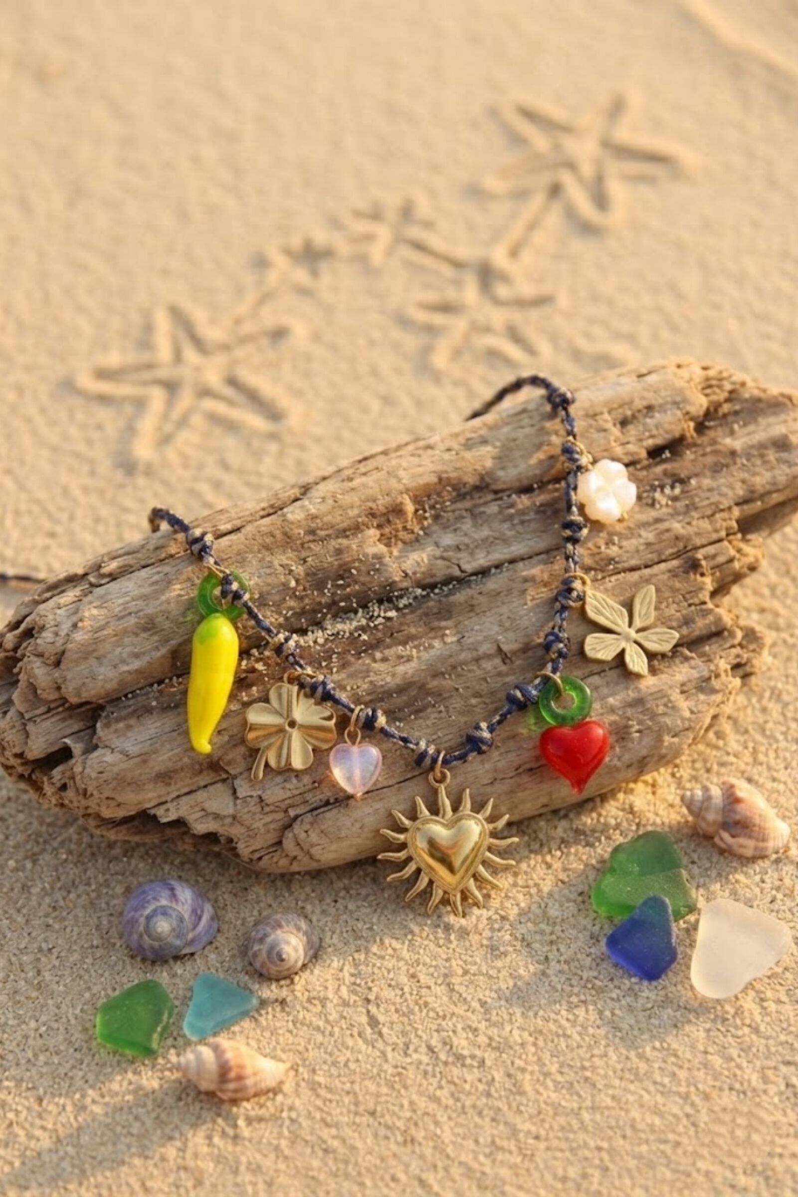 Collier charms acier inoxydable – cœur soleil & fruits émaillés