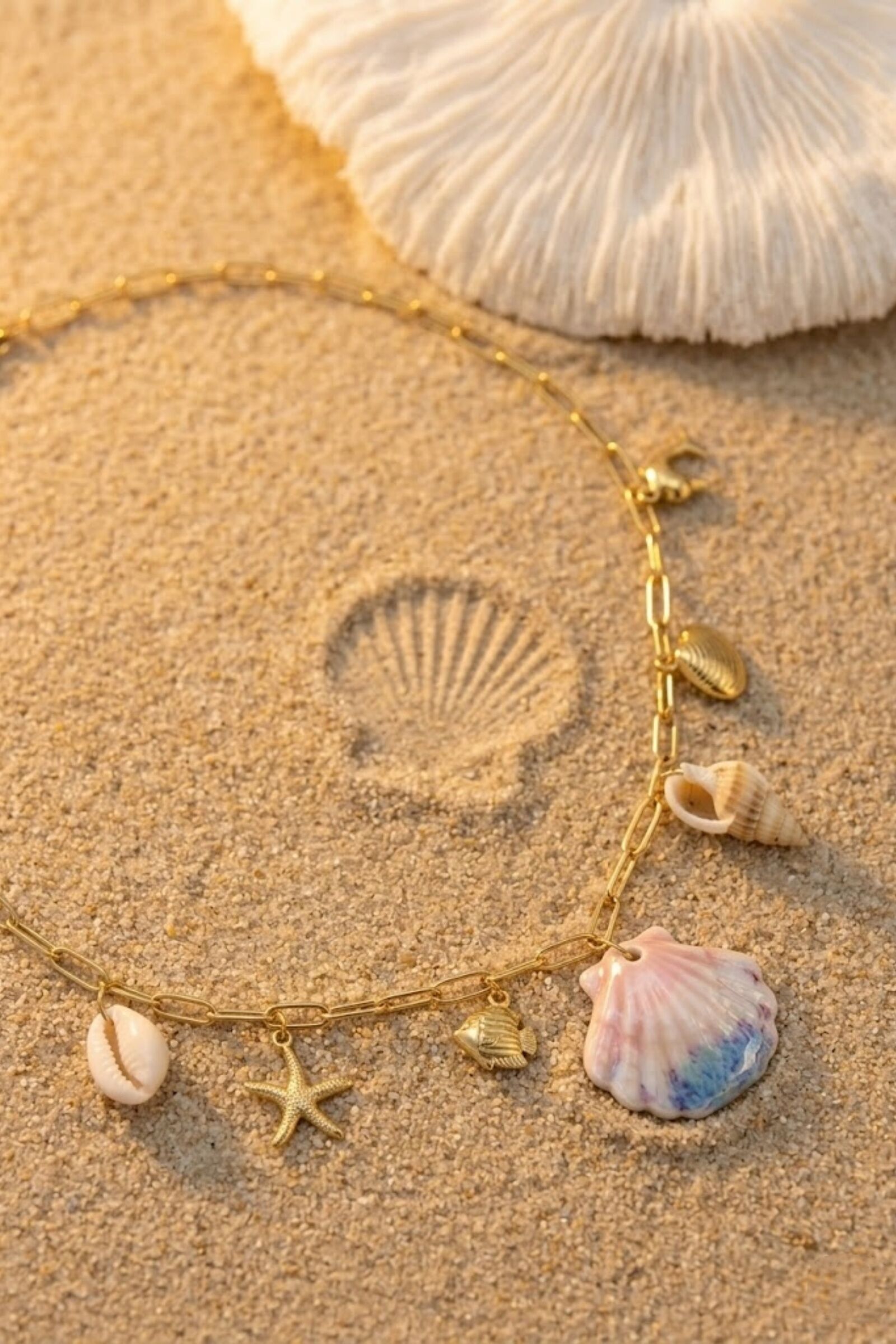Collier coquillage rose & charms marins – acier inoxydable