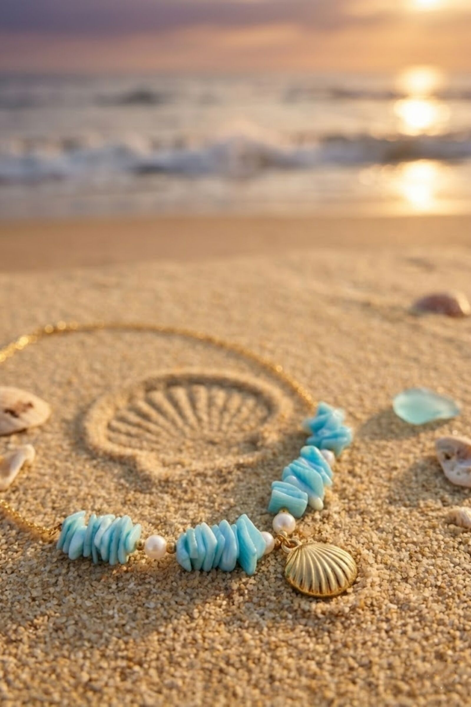 Collier coquillage doré & nacre bleue – Bijou d'été tendance