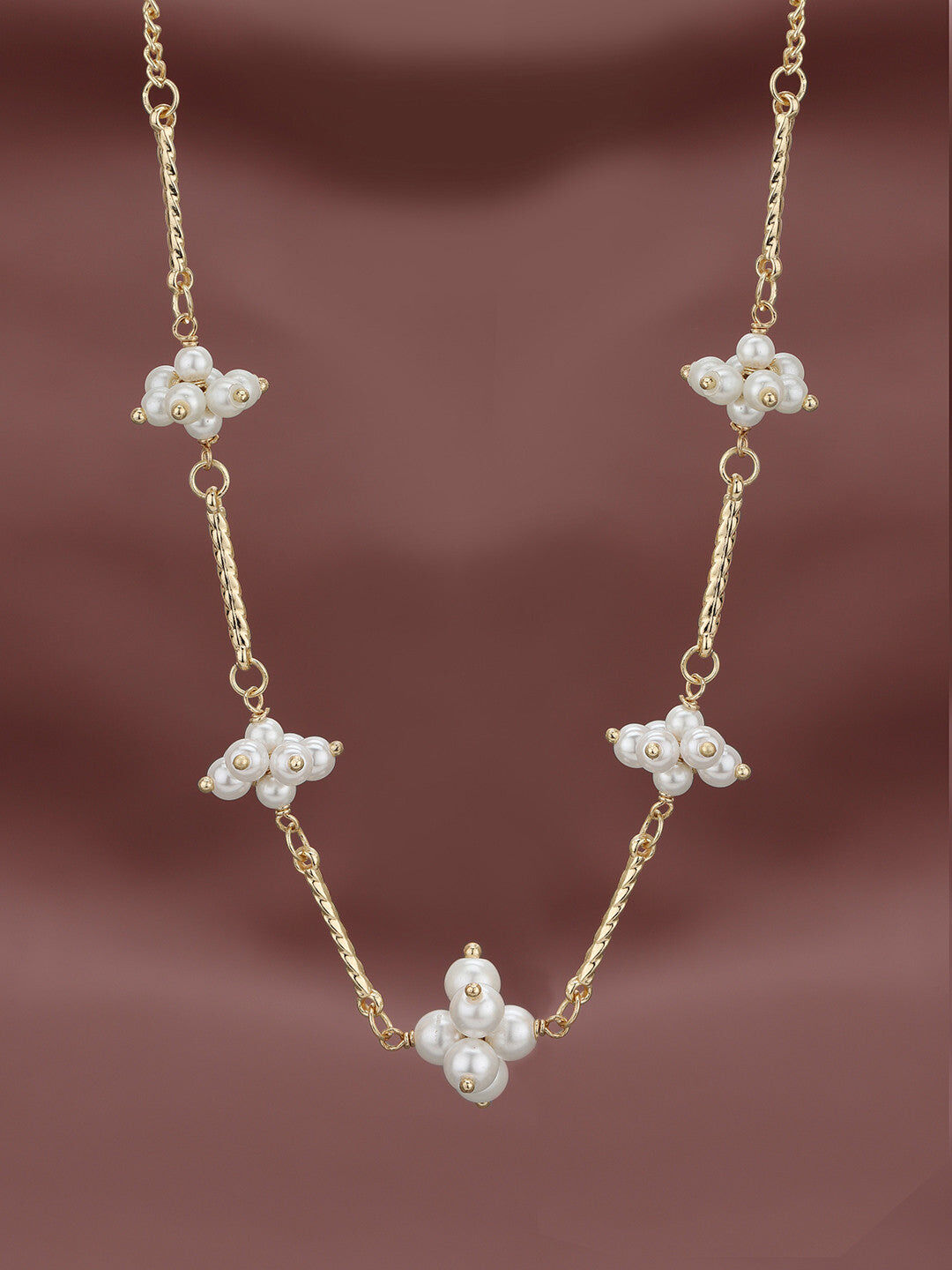 Pearl Bar Statement Necklace – Gold Plated Jewelery – Metal & Artificial Pearl – 40cm Length