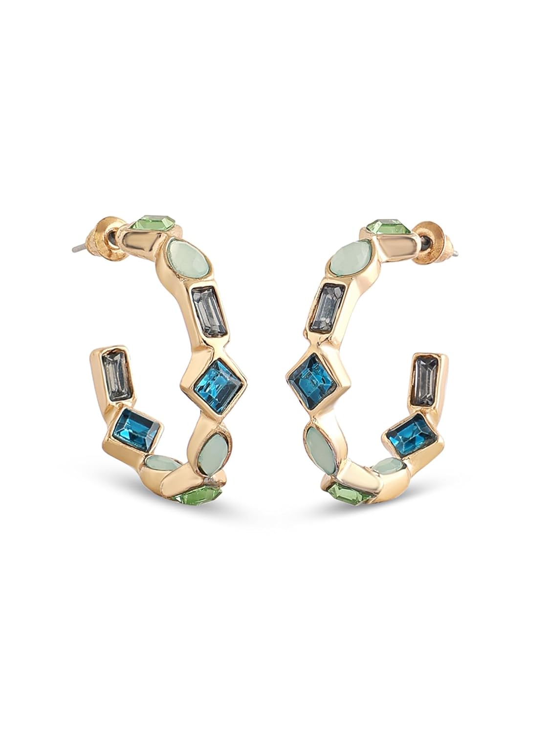 Green Blue Dazzling Stones Semi Hoop Studs – Contemporary Earrings – Embellished Jewelery Pair