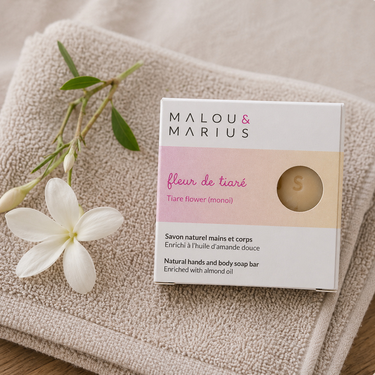 SAVON CORPS FLEURS DE TIARE, HUILES D'AMANDE DOUCE ET D'OLIVE 100g