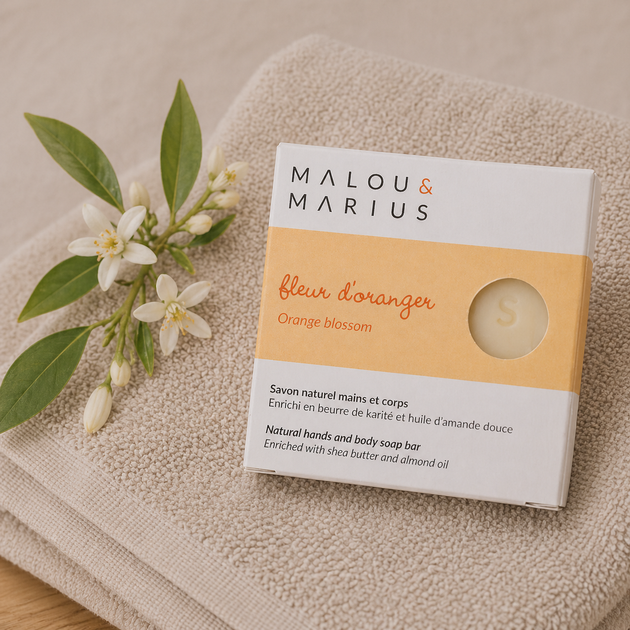 SAVON CORPS FLEUR D'ORANGER, BEURRE DE KARITE, AMANDE DOUCE 100g