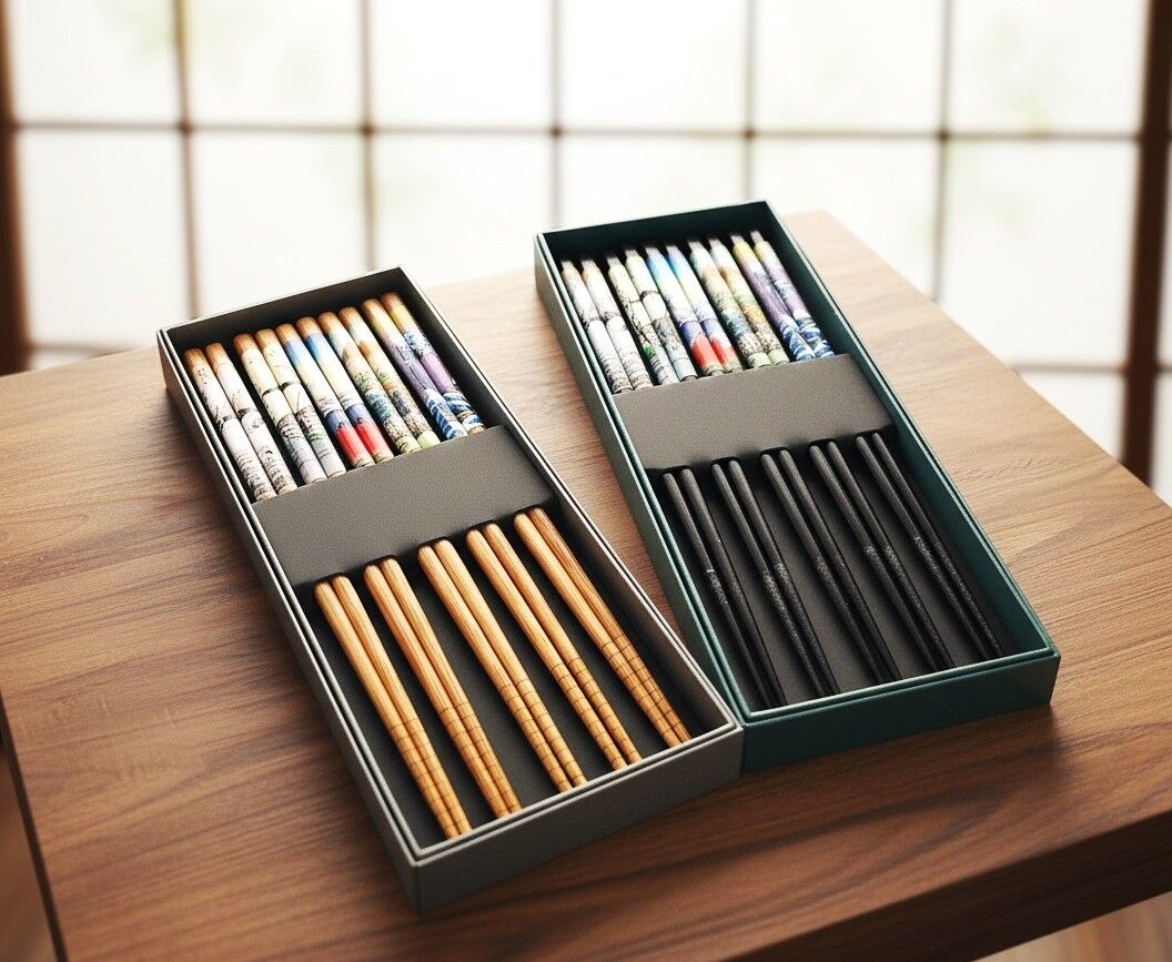 Sets de 5 paires de baguettes en bambou réutilisables motifs japonais imprimés avec UKIOE HOKUSAI