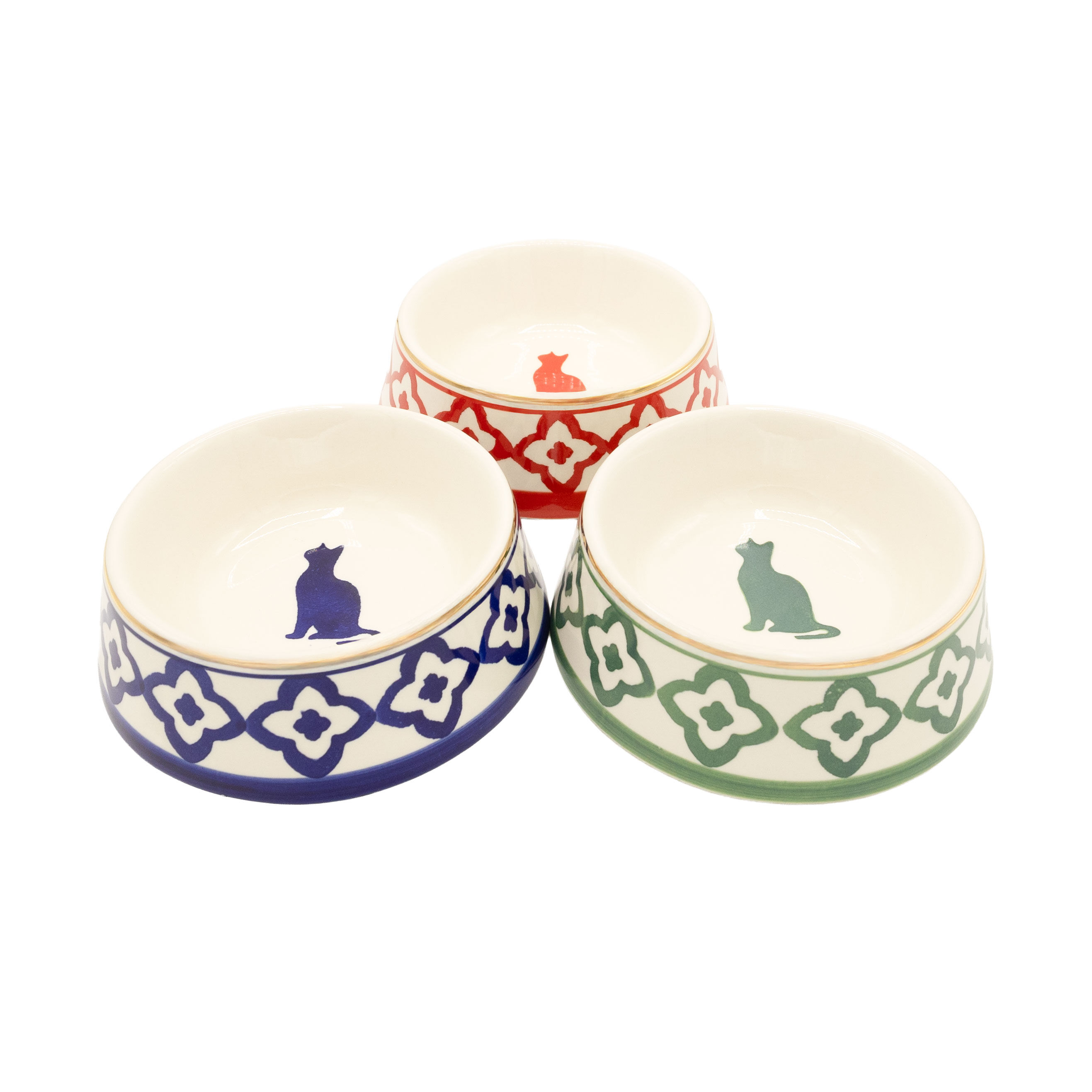 Comedero para gatos en colores azul real, verde abeto y rojo oriental.