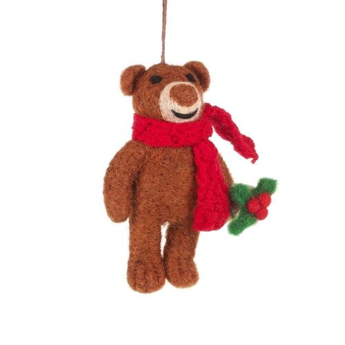 Handmade Felt Biodegradable Bear with Scarf Hanging Christmas Decoration